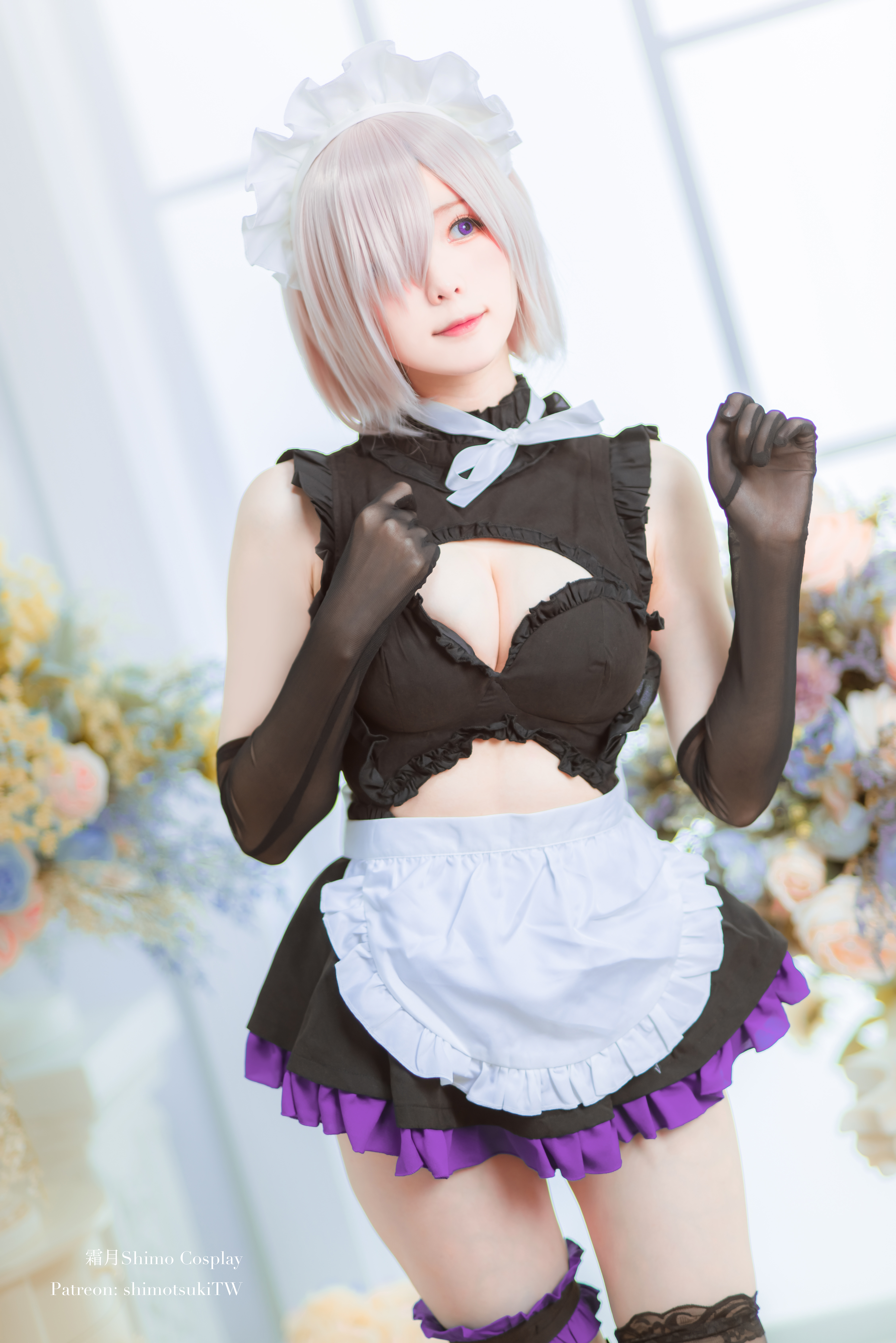 People 4912x7360 Shimo Cosplay women model Asian cosplay Mash Kyrielight Fate series Fate/Grand Order anime anime girls maid maid outfit dress stockings black stockings lace elbow gloves thigh strap cleavage portrait display indoors women indoors