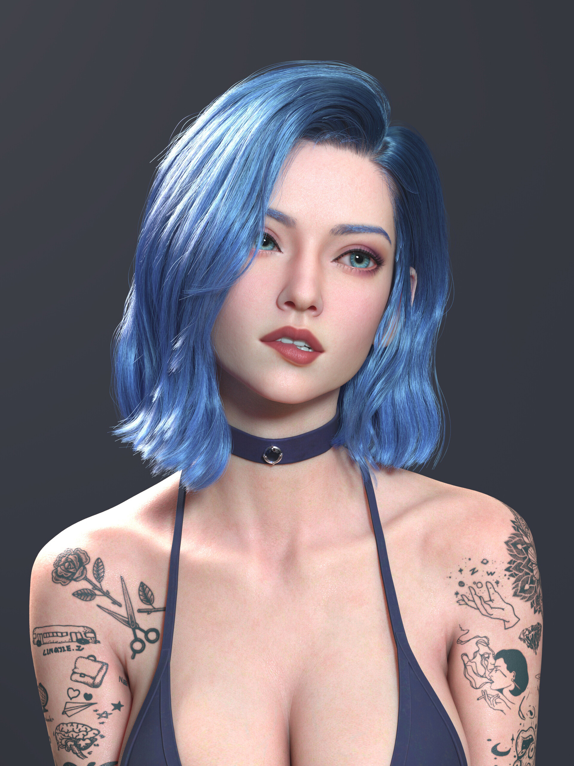 General 1920x2560 Ling Jie Zeng CGI women blue hair blushing short hair blue eyes biting lips bra tattoo choker simple background