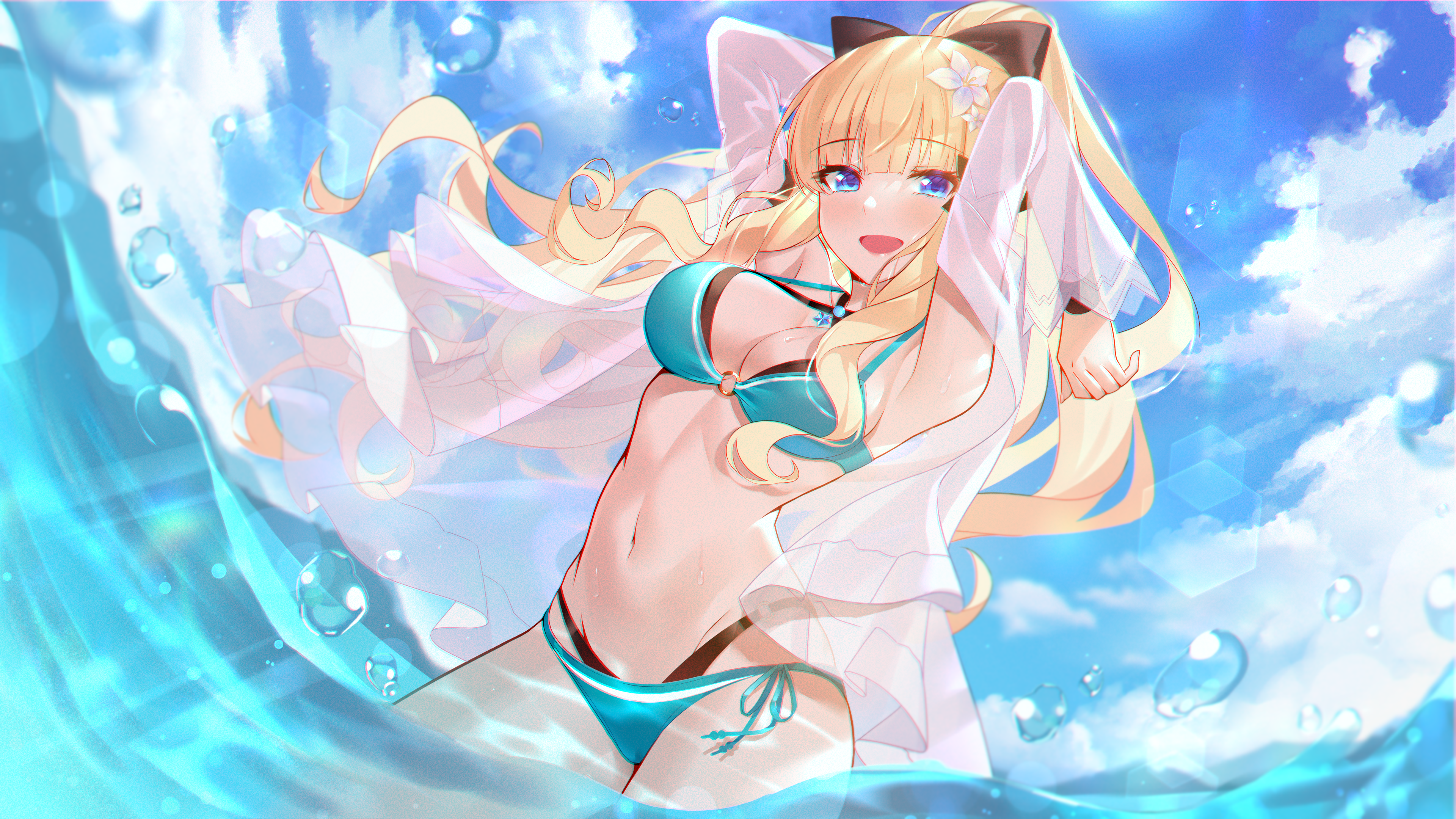 Anime 3840x2160 anime girls blonde bikini water Princess Connect Re:Dive Saren (Princess Connect) flower in hair in water