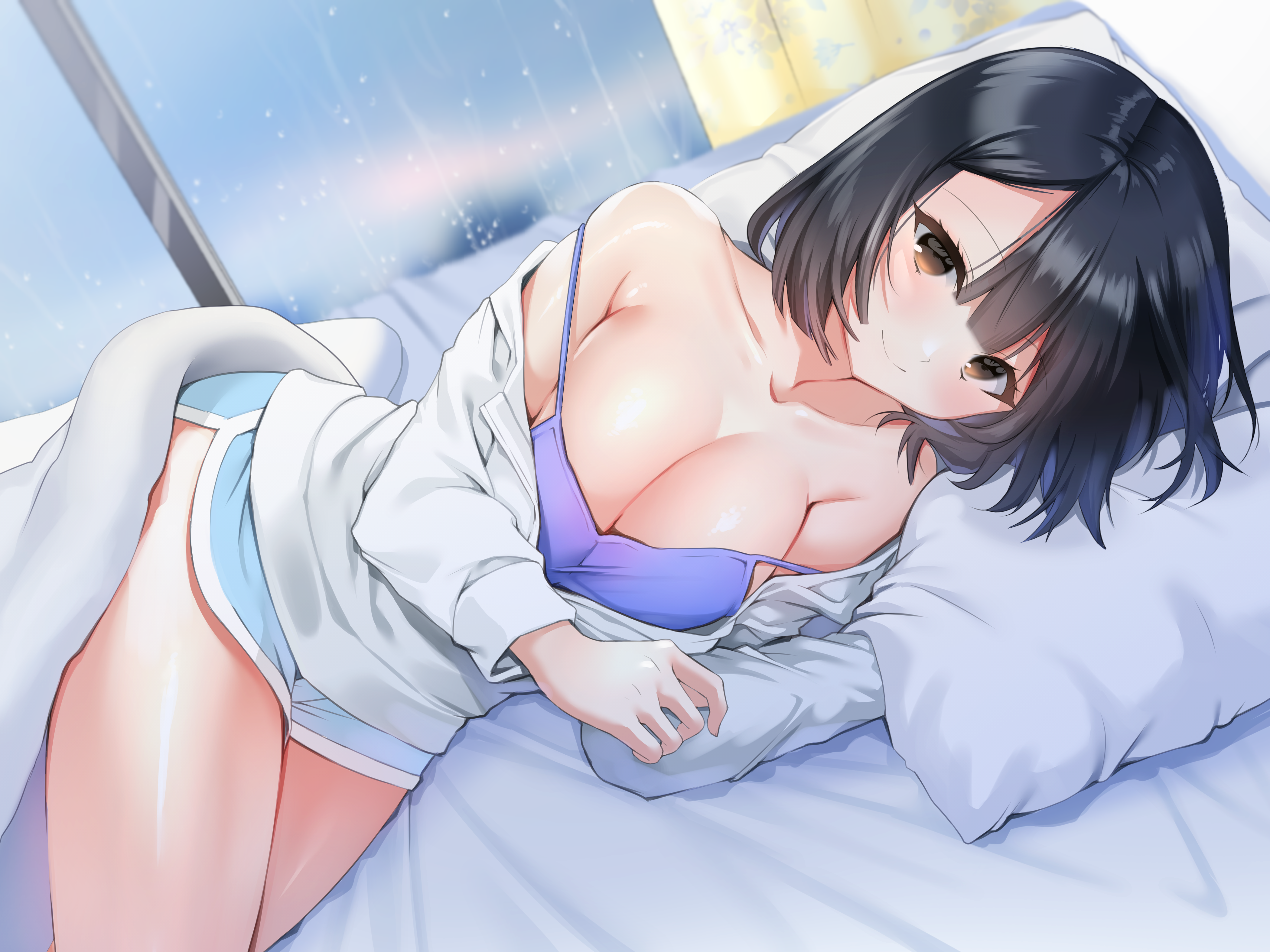 Anime 4200x3150 anime girls bangs short hair big boobs smiling black hair brown eyes in bed cleavage short shorts artwork Owl (artist)