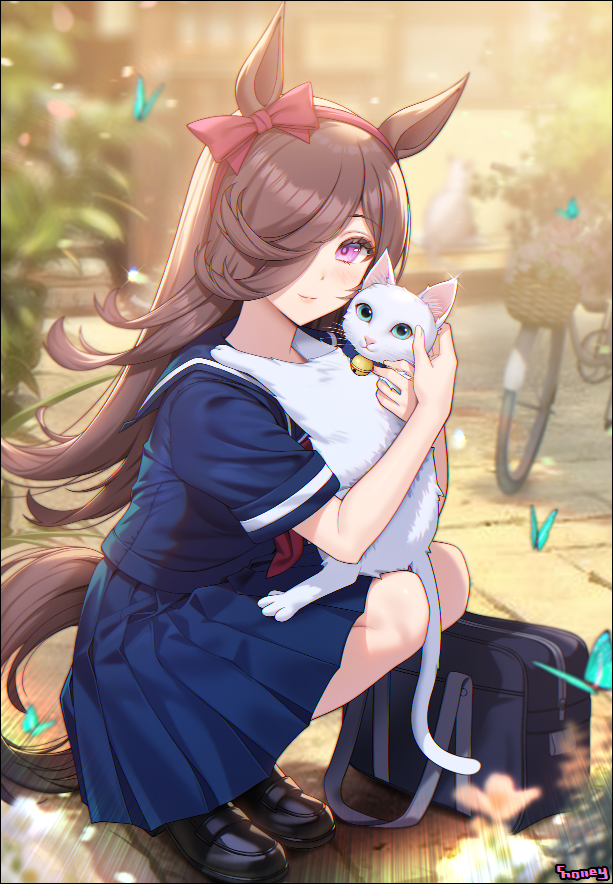 Anime 2432x3508 Uma Musume Pretty Derby hair over one eye cats school uniform thighs animal ears black footwear purple eyes bicycle butterfly depth of field solo squatting looking at viewer brunette long hair anime girls Rice Shower (Uma Musume) pink lipstick bag women with cat portrait display anime loli blushing women outdoors fan art artwork 2D blurry background Choney horse girls headband hairband hair in face animals mammals Pixiv
