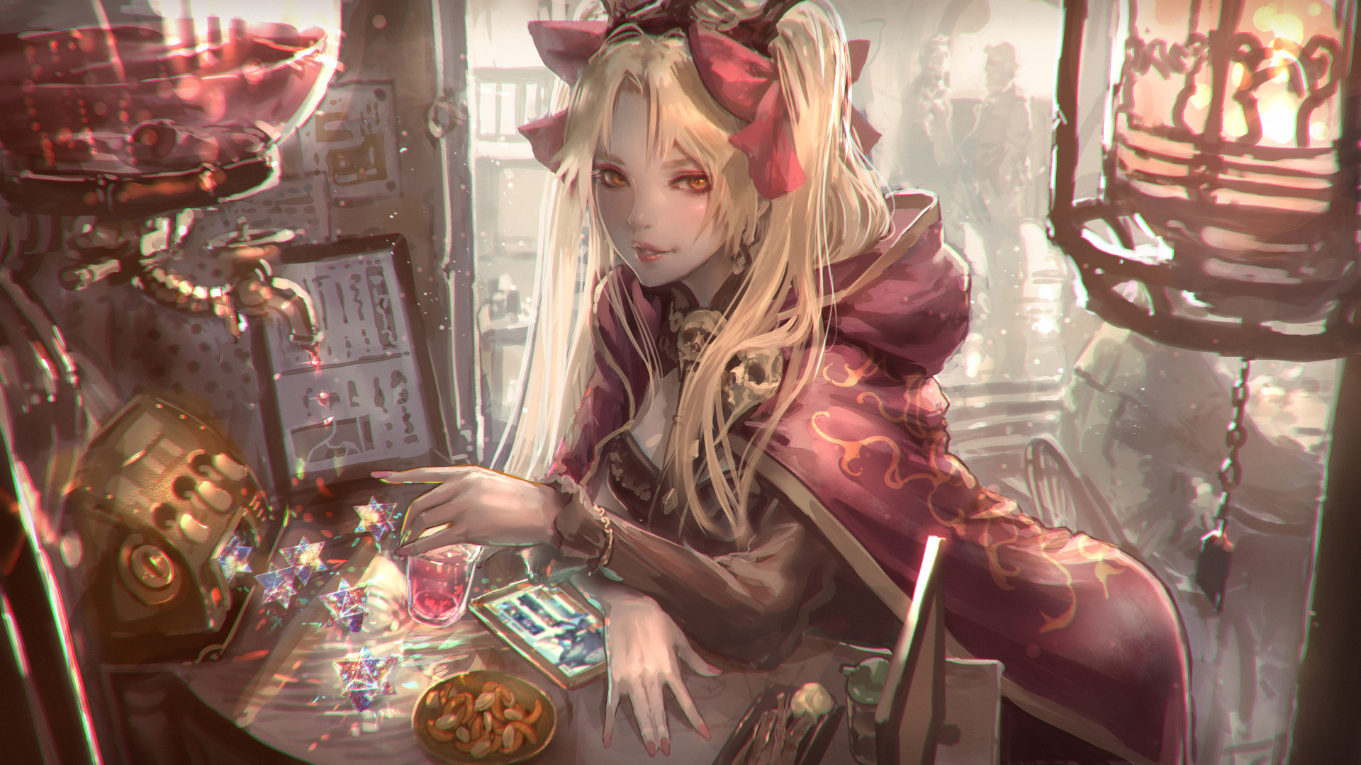 Anime 1920x1080 Fate/Grand Order Fate series twintails cape smiling looking at viewer arched back pink nails long nails skull tiaras jewelry red lipstick orange eyes red ribbon long sleeves Ereshkigal (Fate/Grand Order) anime girls long hair 2D solo hair ornament fan art anime artwork Kaburagi Yasutaka blonde