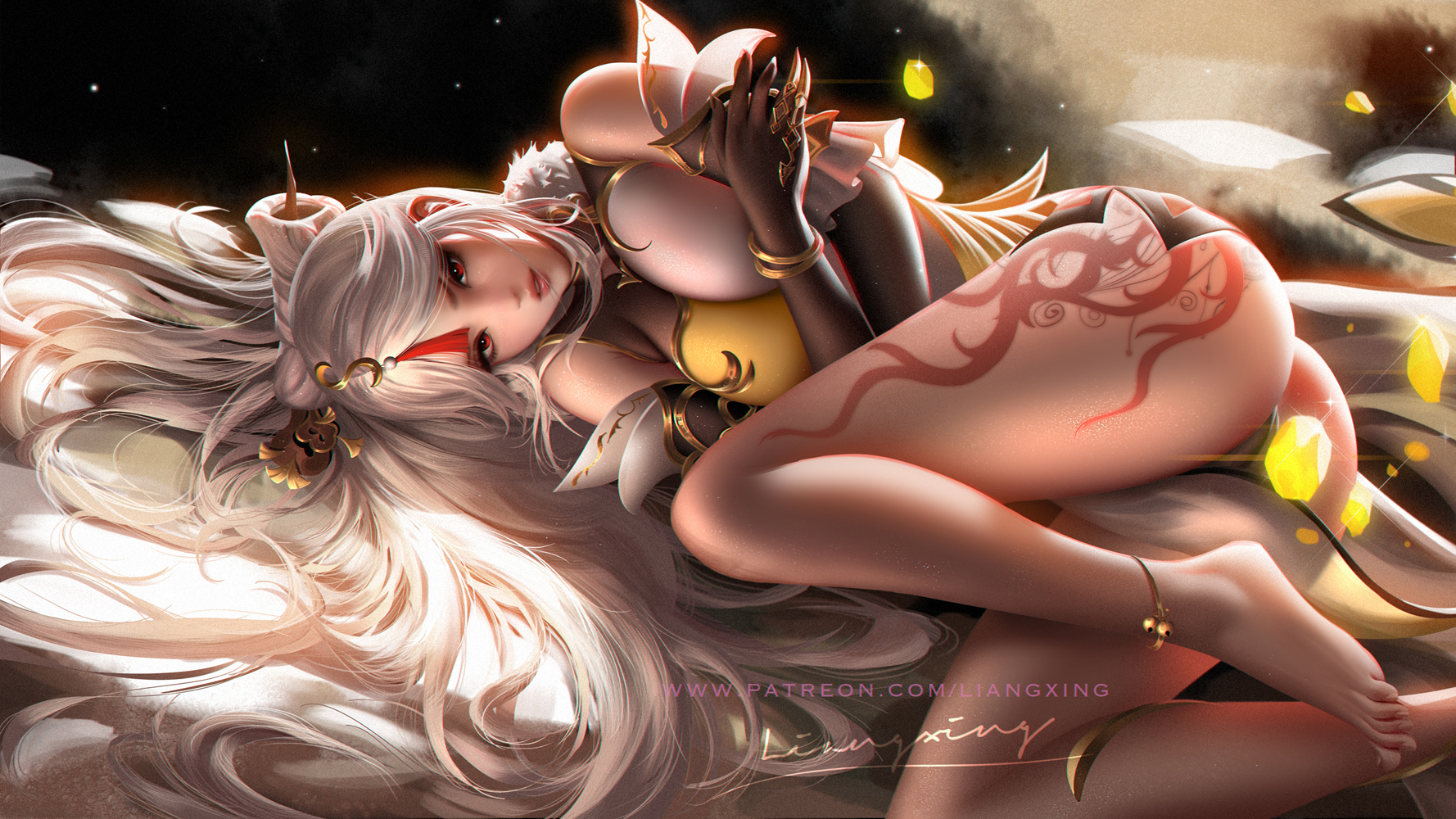 Anime 1778x1000 Jason Liang drawing Genshin Impact women Ningguang (Genshin Impact) silver hair hair accessories red eyes looking at viewer lying on side dress barefoot anklet yellow glowing tattoo ass relaxing