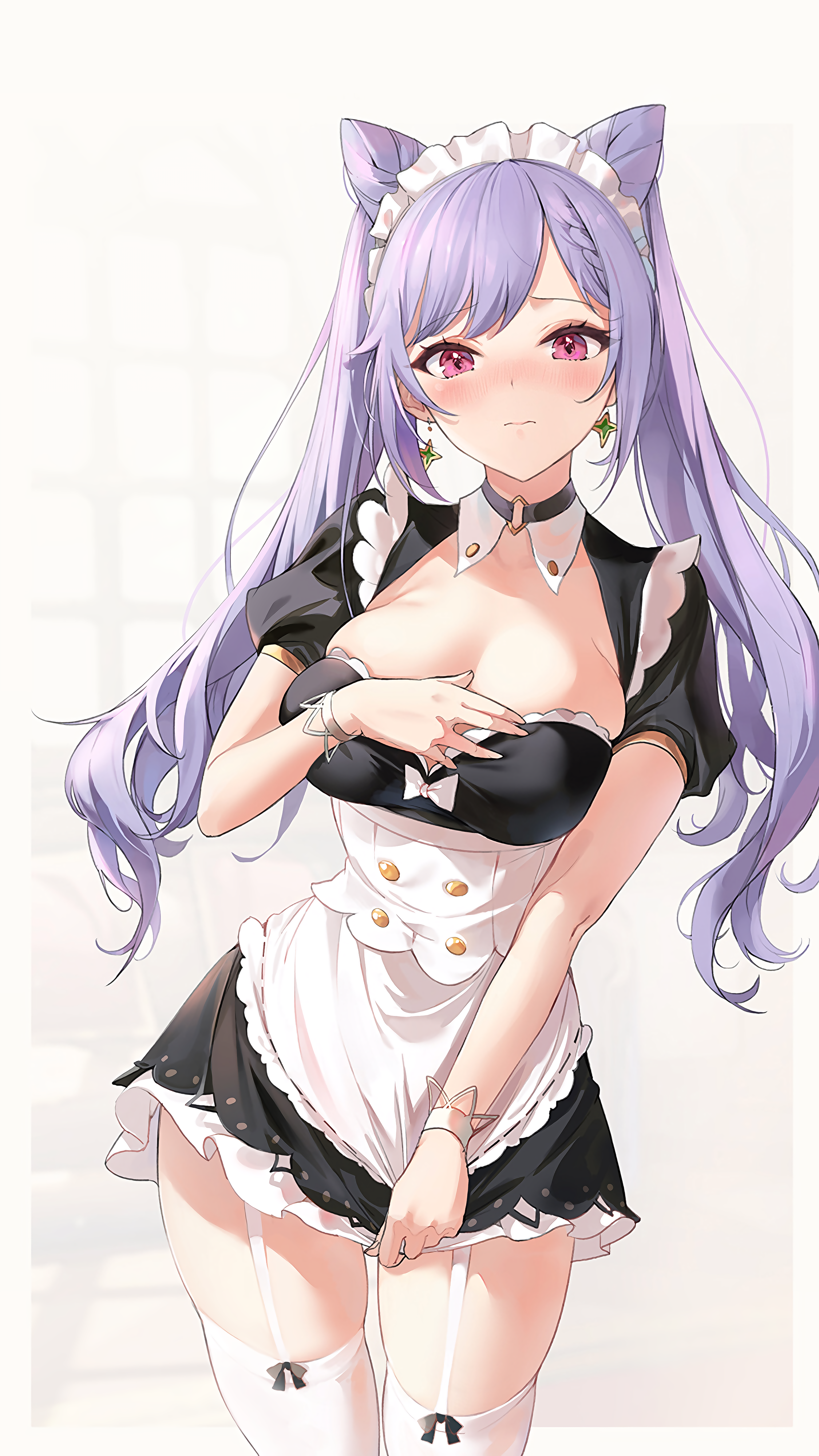 Anime 2250x4000 Genshin Impact anime girls Keqing (Genshin Impact) maid outfit thigh-highs purple eyes twintails pink eyes blushing artwork Yumaomi hands on boobs cleavage thighs embarrassed
