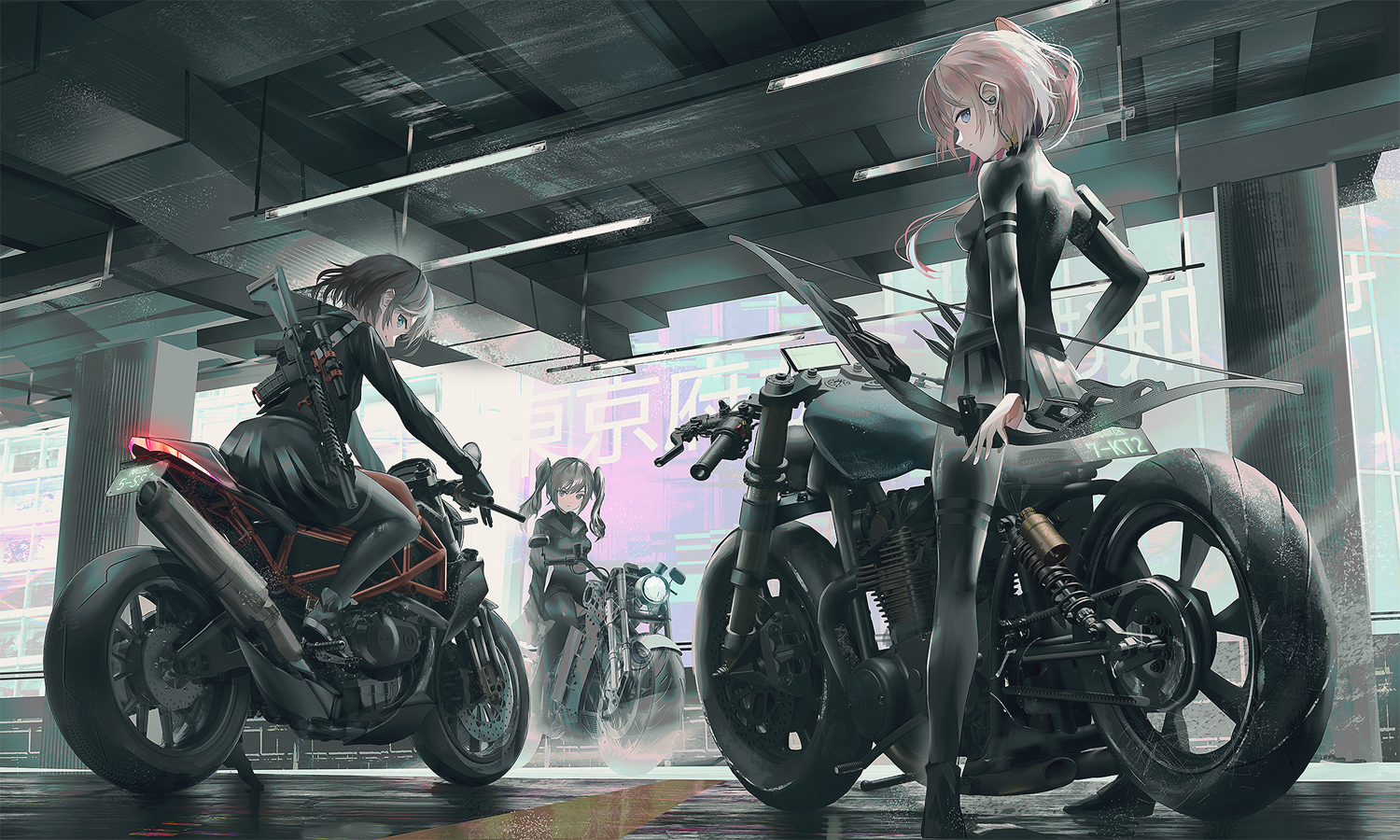 Anime Girl Motorbike Night City Hoshiguma Arknights 8K Wallpaper #6.1753