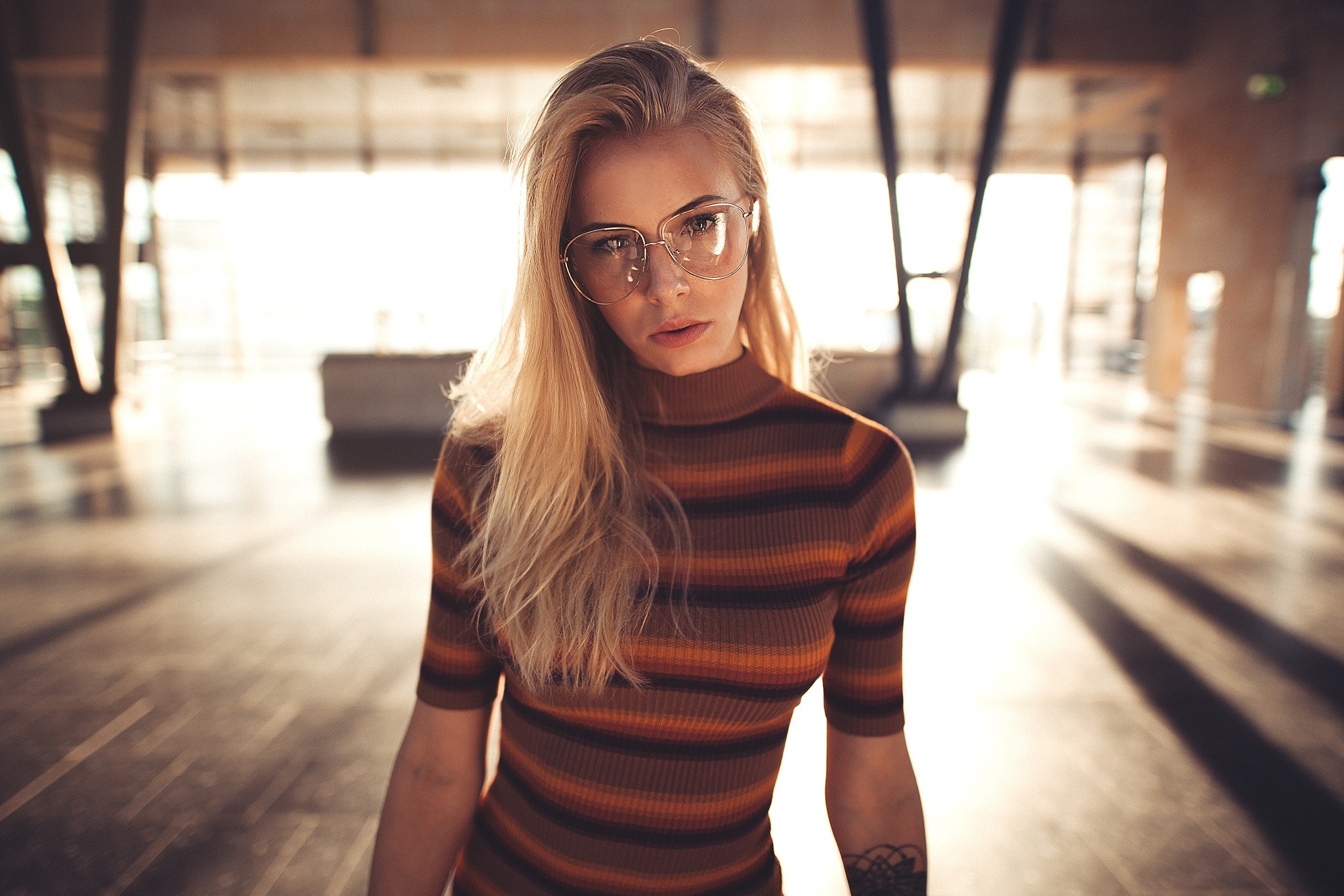 People 2048x1365 women face portrait sunlight women with glasses glasses blonde Sebastian Heberlein tattoo looking at viewer women indoors indoors striped clothing inked girls model