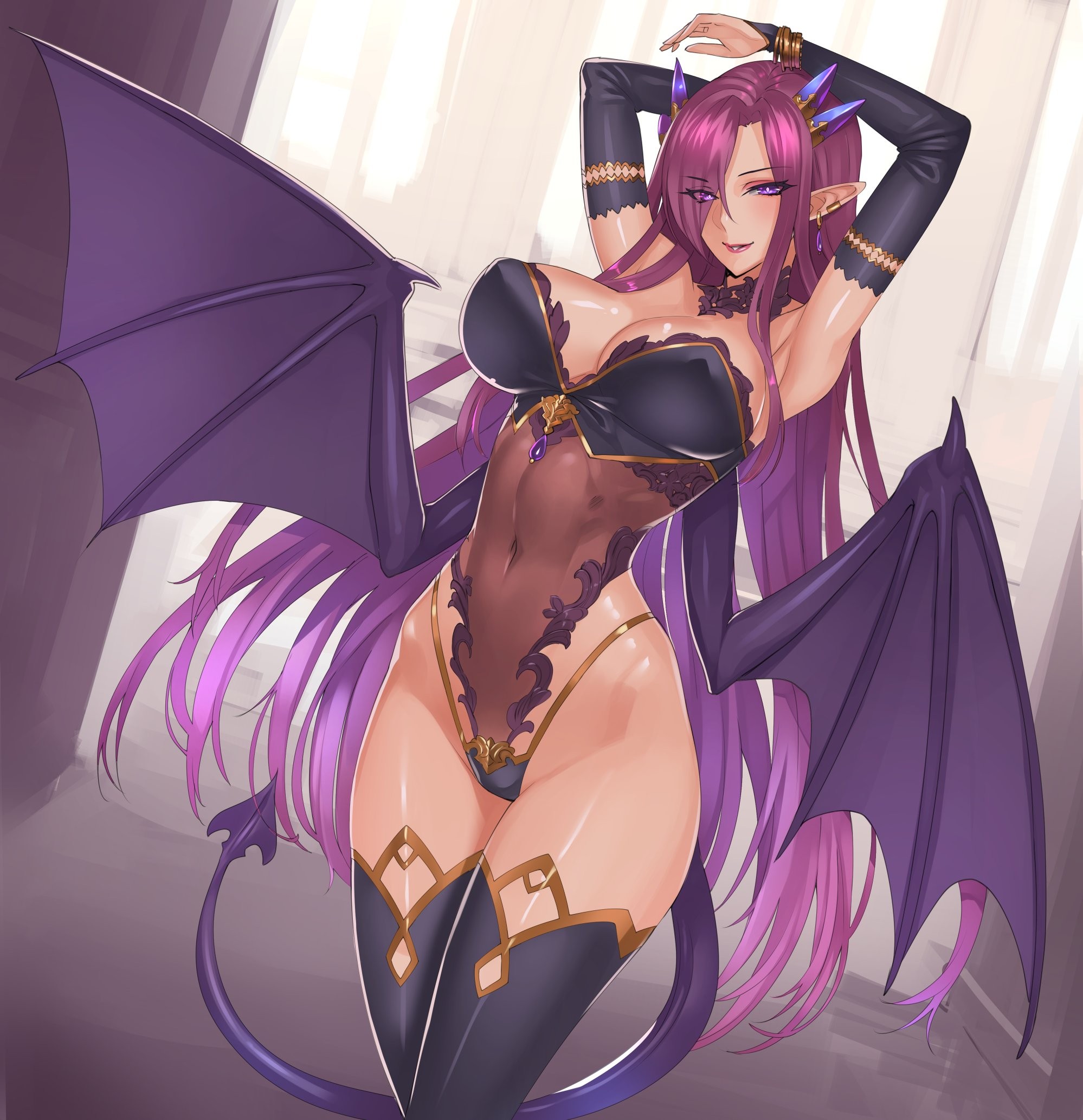 Anime 1998x2067 anime anime girls cleavage leotard tail wings long hair purple hair purple eyes thigh-highs succubus pointy ears arms up arm(s) behind head armpits blushing smiling thin eyebrows bangs no bra see-through clothing legs together belly wide hips thighs stockings thick thigh skinny tight waist tanned bat wings big boobs low neckline