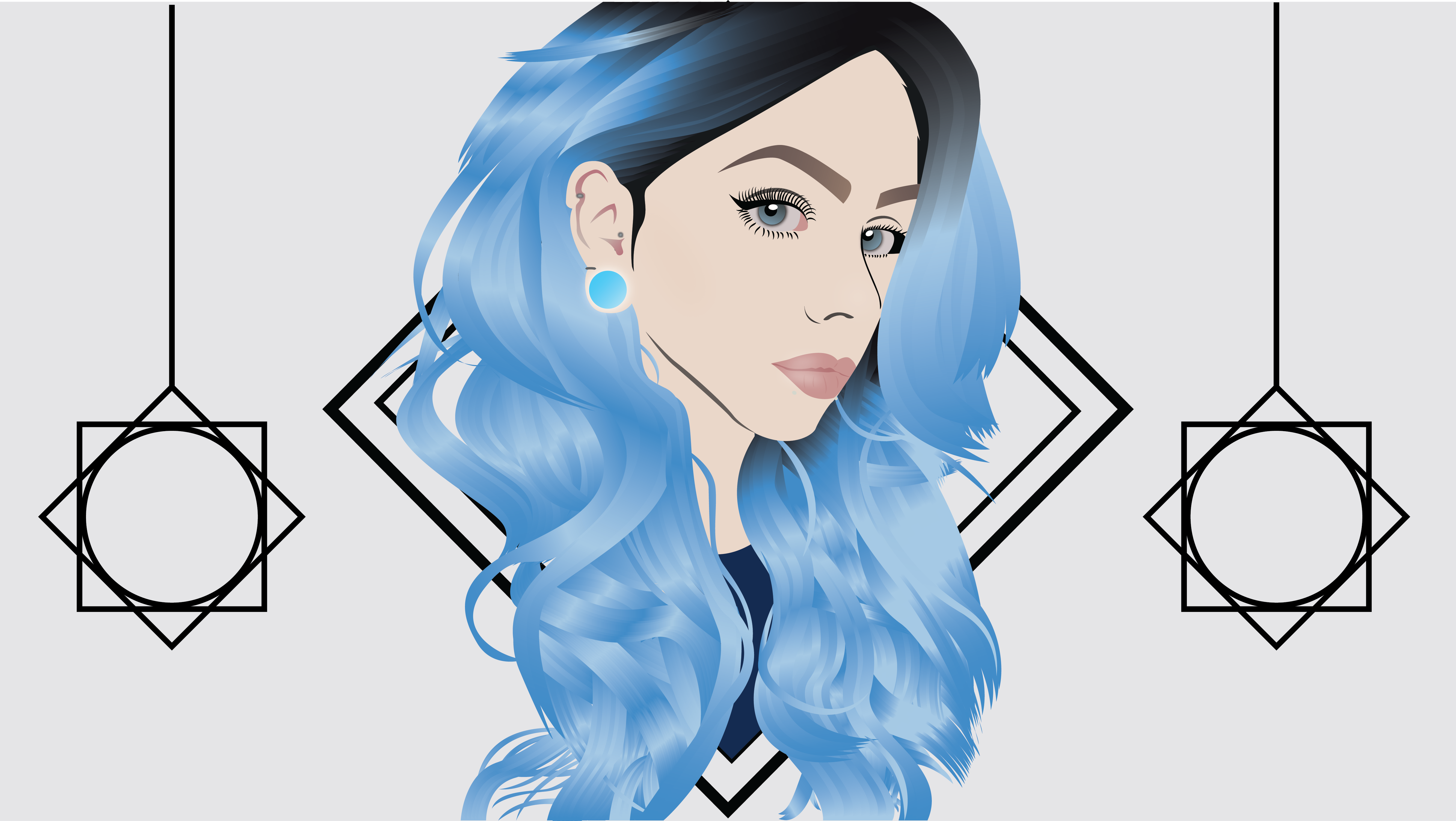 General 5333x3007 shapes white background long hair women artwork vector art digital art blue hair earring simple background closed mouth juicy lips looking at viewer