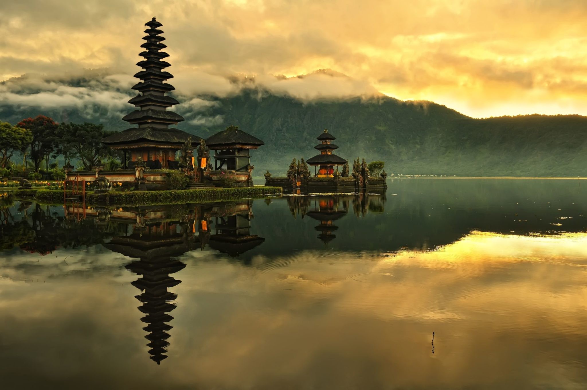 General 2048x1360 nature landscape water Indonesia Bali island lake temple Asian architecture clouds sunrise mist trees mountains hills forest reflection morning