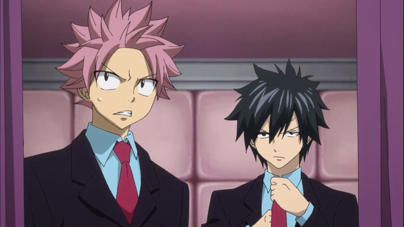 Anime 1366x768 anime Fairy Tail Dragneel Natsu Fullbuster Gray  suits pink pink hair black hair tie anime boys