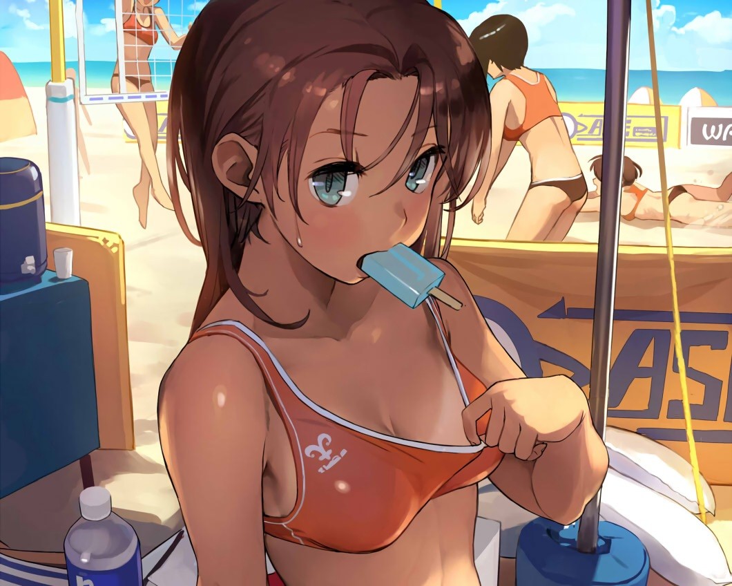 Anime 1060x848 beach blue eyes ice cream sport tan lines volleyball anime girls anime beach volleyball cleavage pulling clothing brunette Techuo