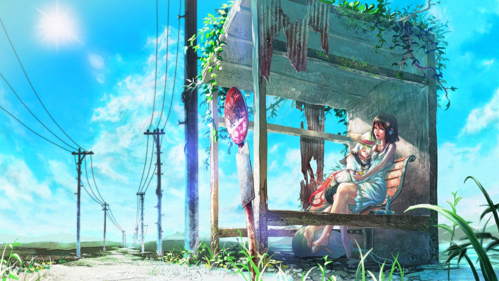 Anime 1920x1080 anime girls bus stop sky sun rays Sun power lines sunlight cyan worm's eye view