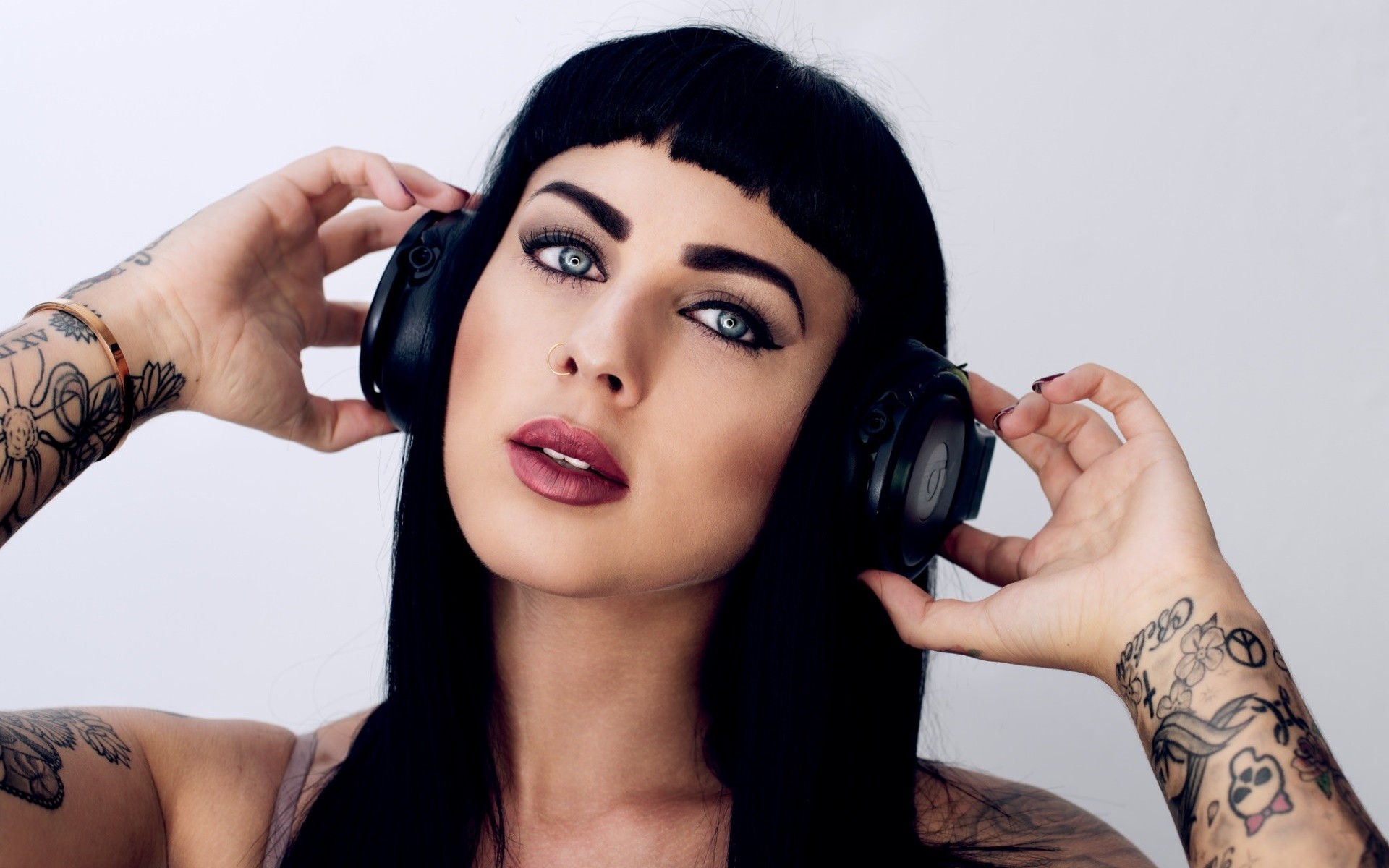 People 1920x1200 women model tattoo headphones face nose ring bare shoulders
