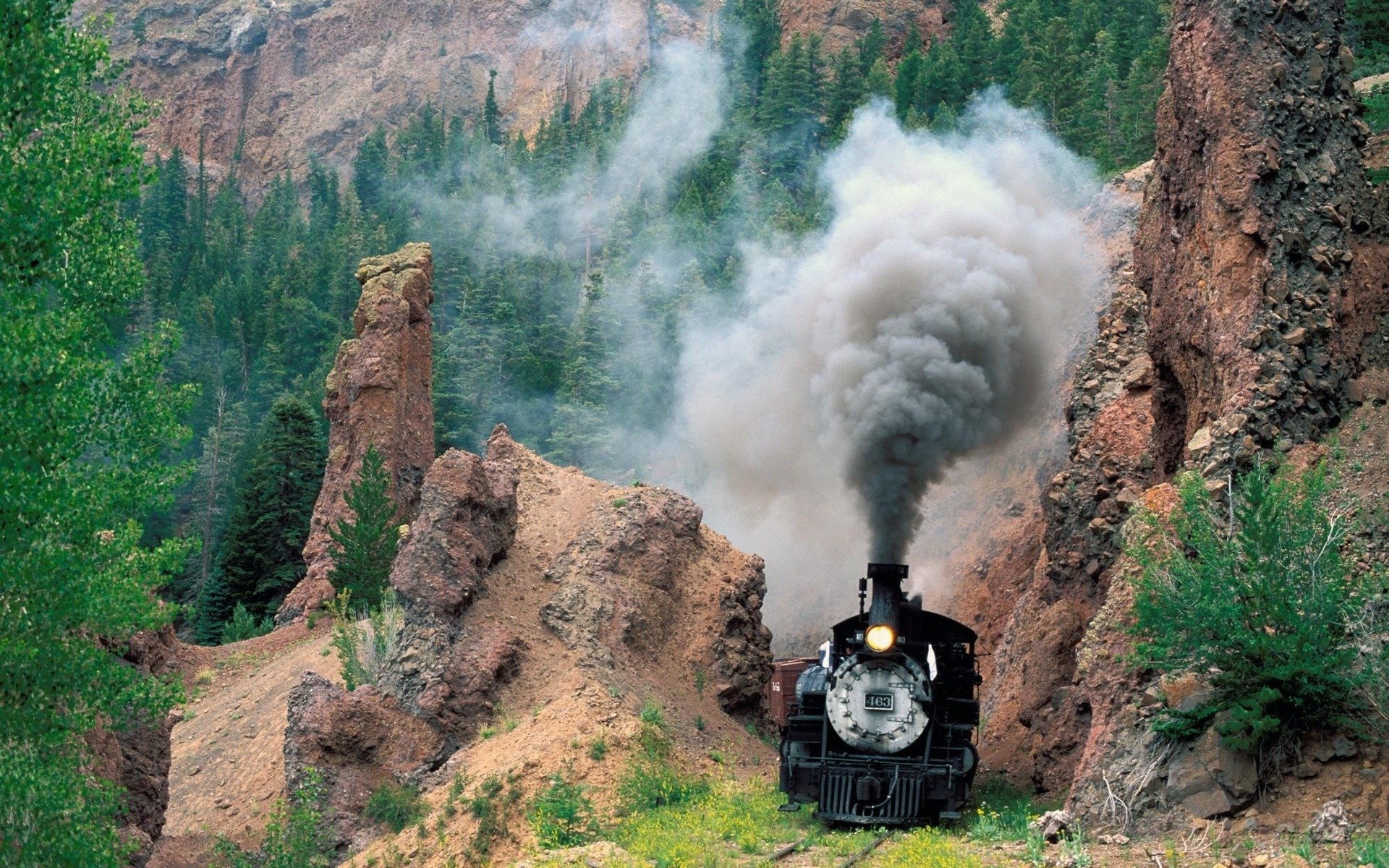 General 1920x1200 vehicle train railway steam locomotive nature trees forest rocks mountains smoke