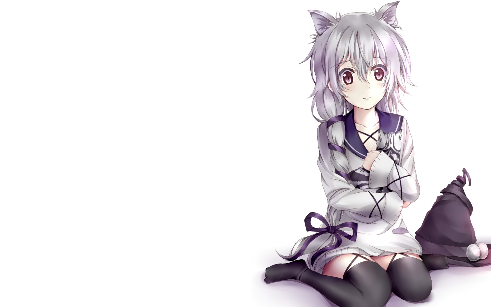 Anime 1920x1200 anime anime girls Black Bullet cat ears gray hair long hair red eyes smiling cats thigh-highs hat simple background cat girl