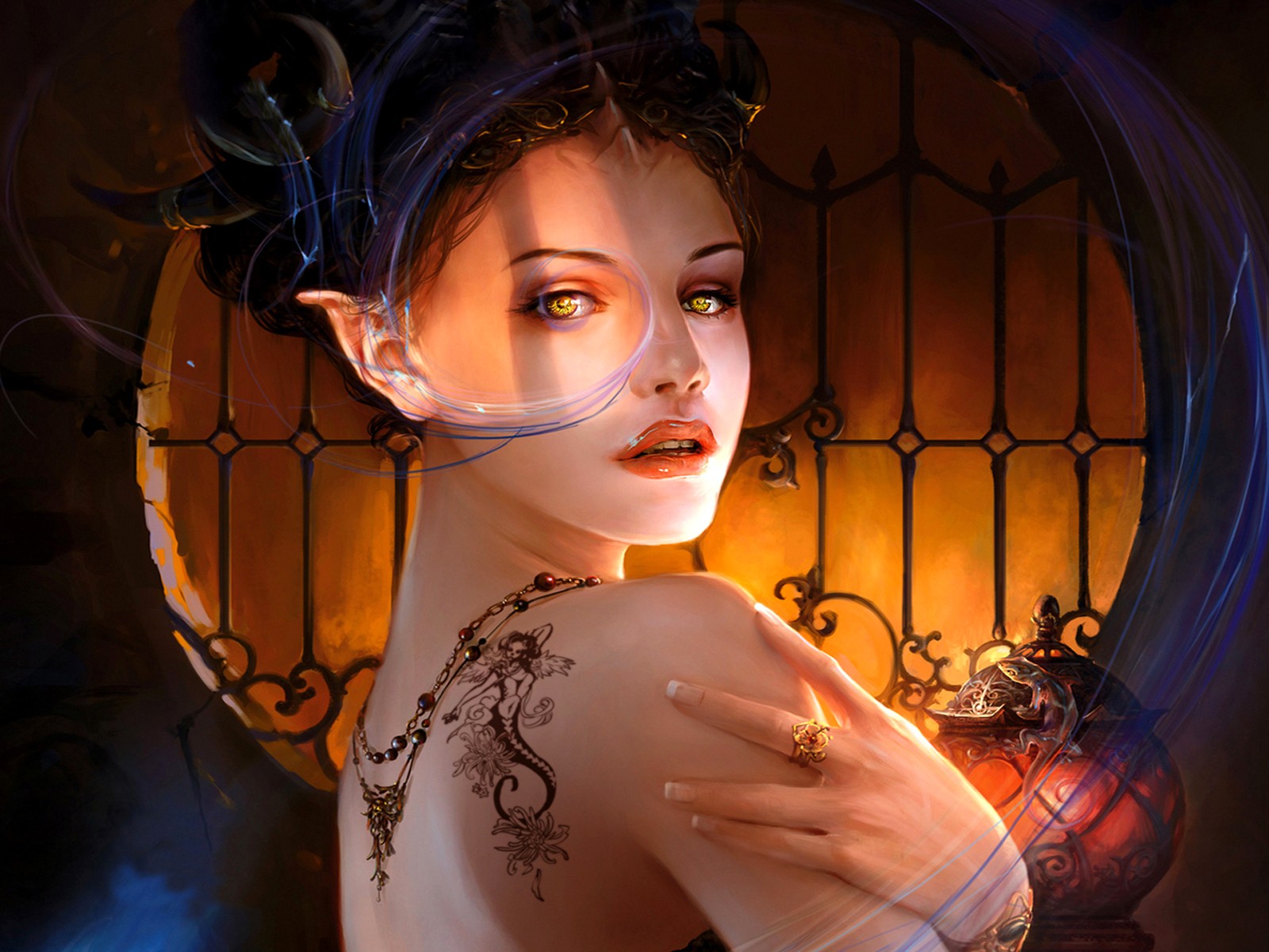 General 1600x1200 fantasy art tattoo fantasy girl rings yellow eyes horns