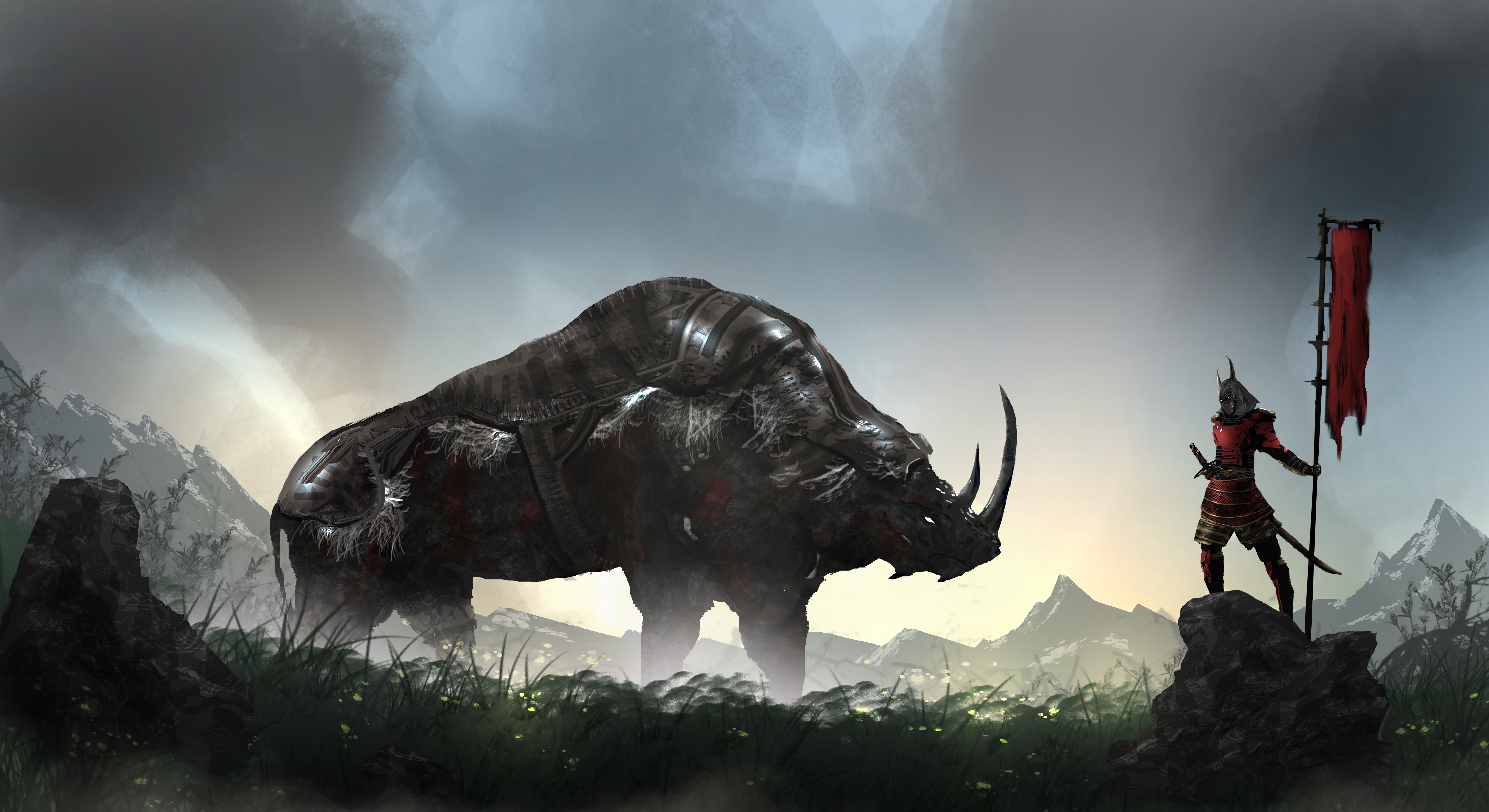 General 6600x3600 fantasy art warrior creature samurai digital art rhino