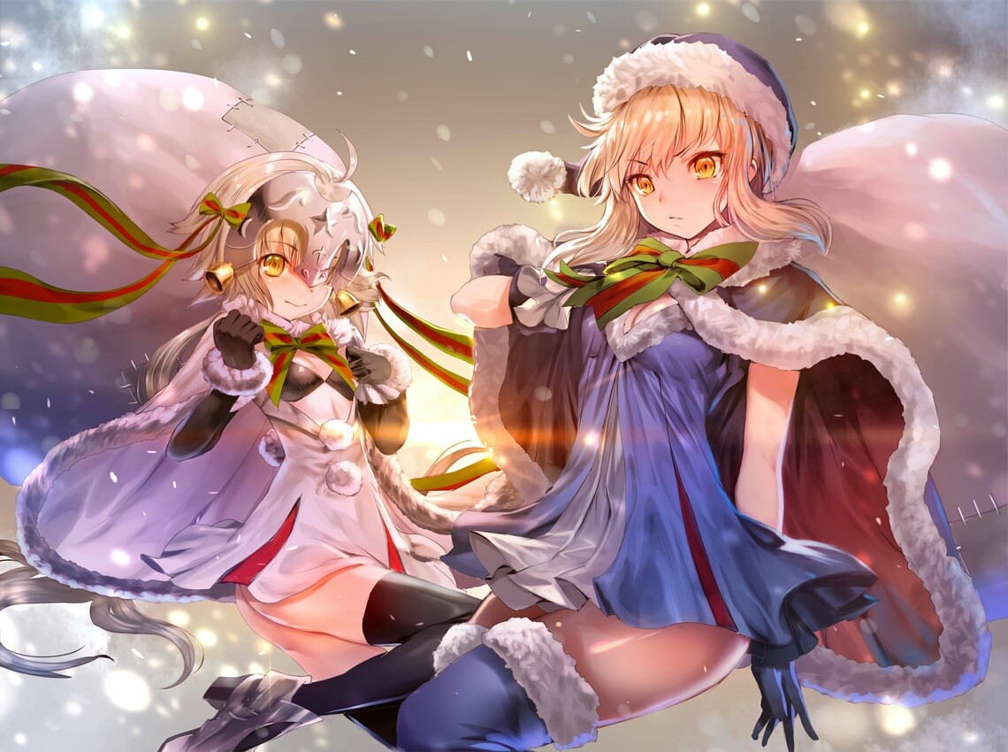 Anime 1140x850 Christmas Santa hats Fate/Grand Order Fate series Saber Alter blonde yellow eyes Artoria Pendragon Jeanne d'Arc (Fate) Jeanne (Alter) (Fate/Grand Order) Jeanne d'Arc (Alter) (Santa Lily) Khanshin anime girls Pixiv anime