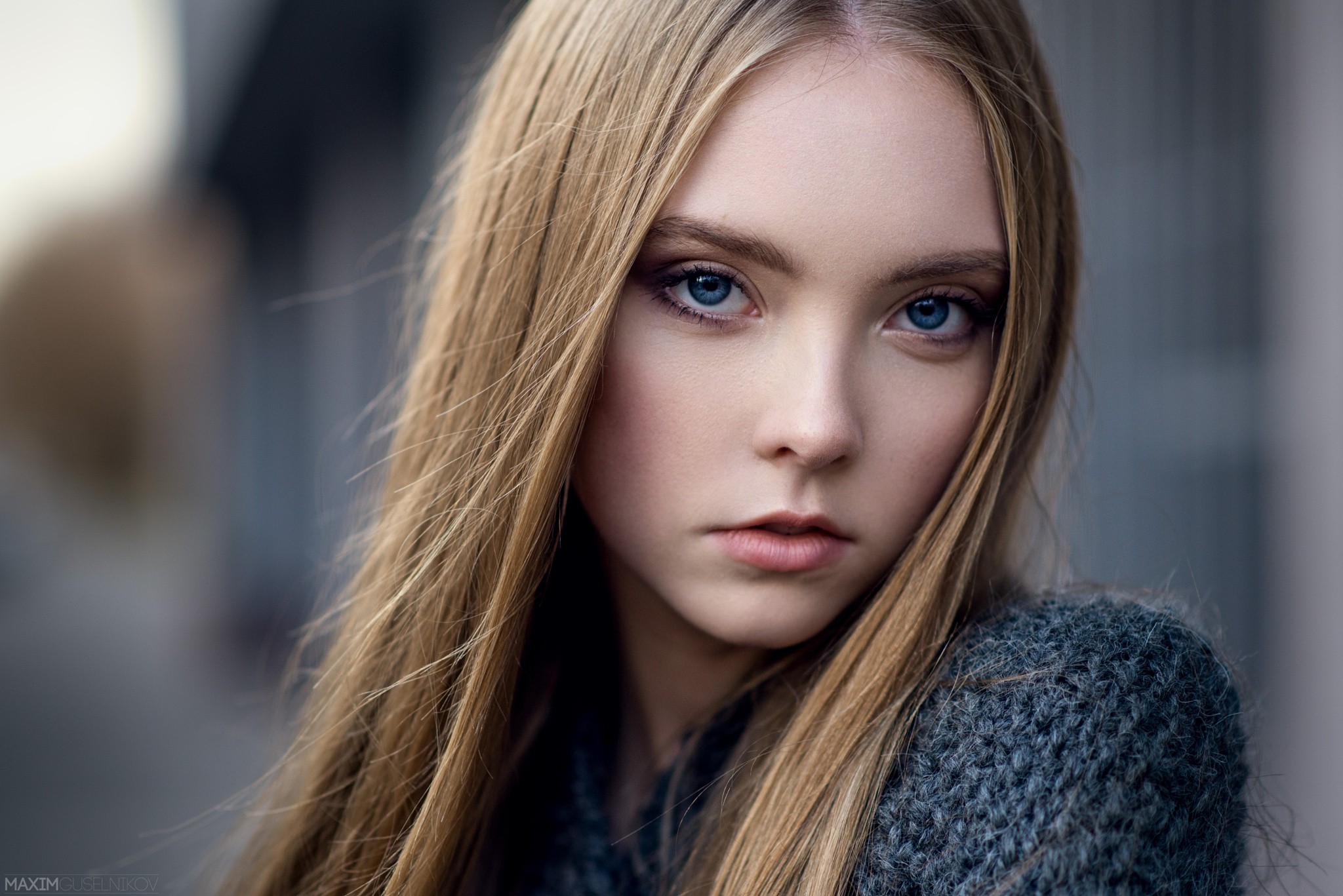 People 2048x1367 sweater blue eyes blonde women Maxim Guselnikov looking at viewer face closeup women outdoors model long hair