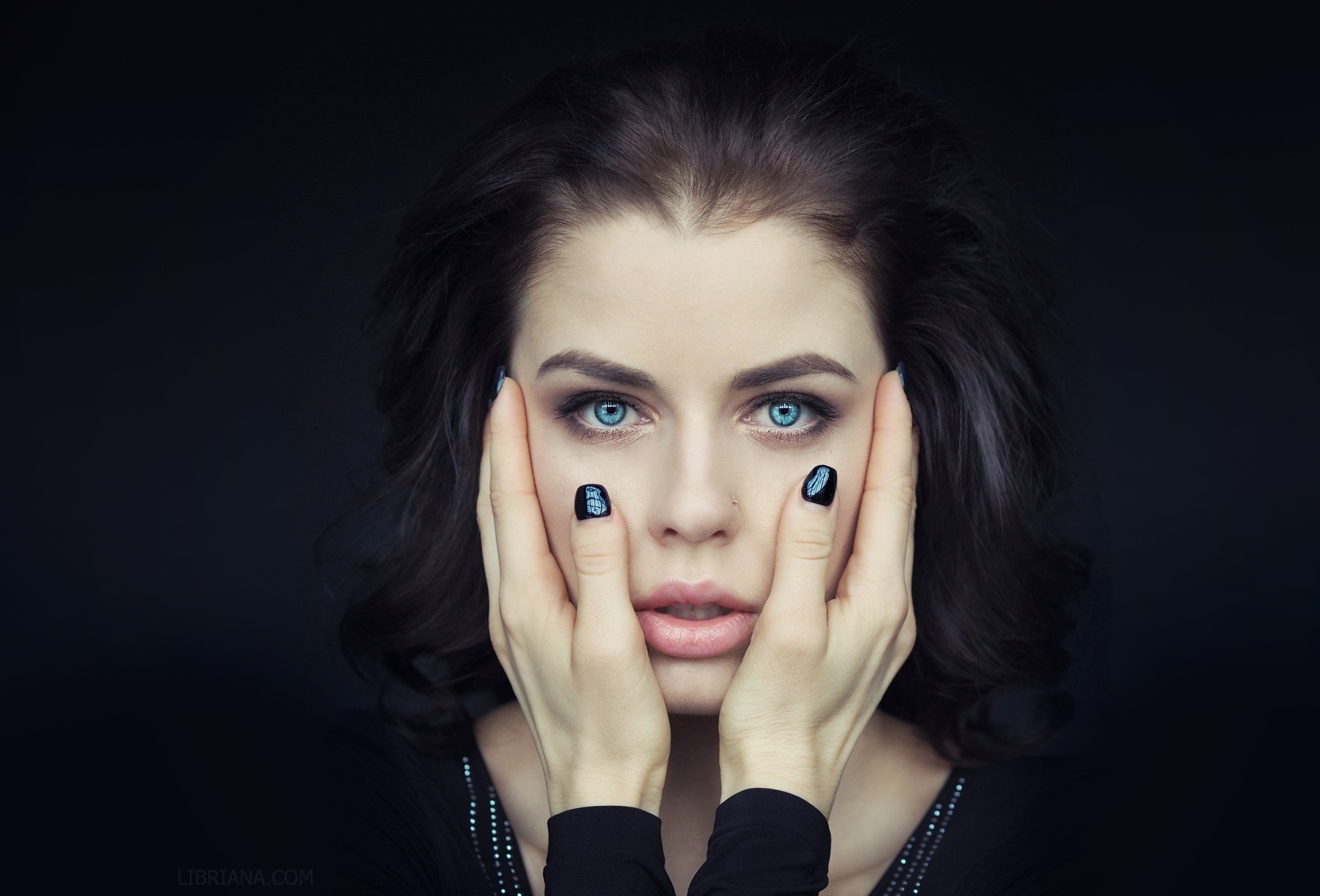 People 2048x1391 women hands face portrait black background simple background blue eyes painted nails pierced nose black nails closeup women indoors indoors model looking at viewer hand on face