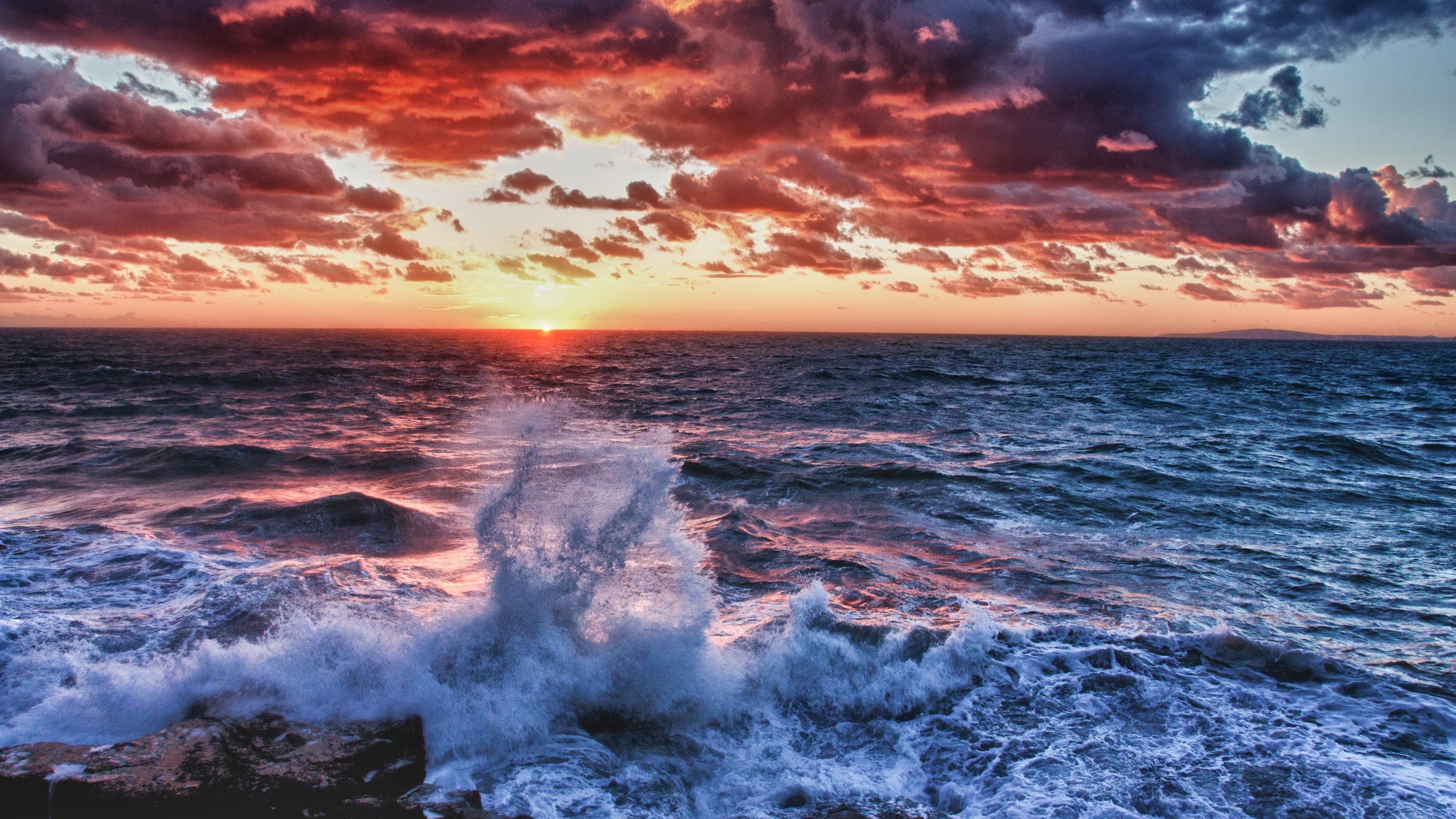 General 3840x2160 nature sea water waves HDR sunset clouds sky horizon sunlight