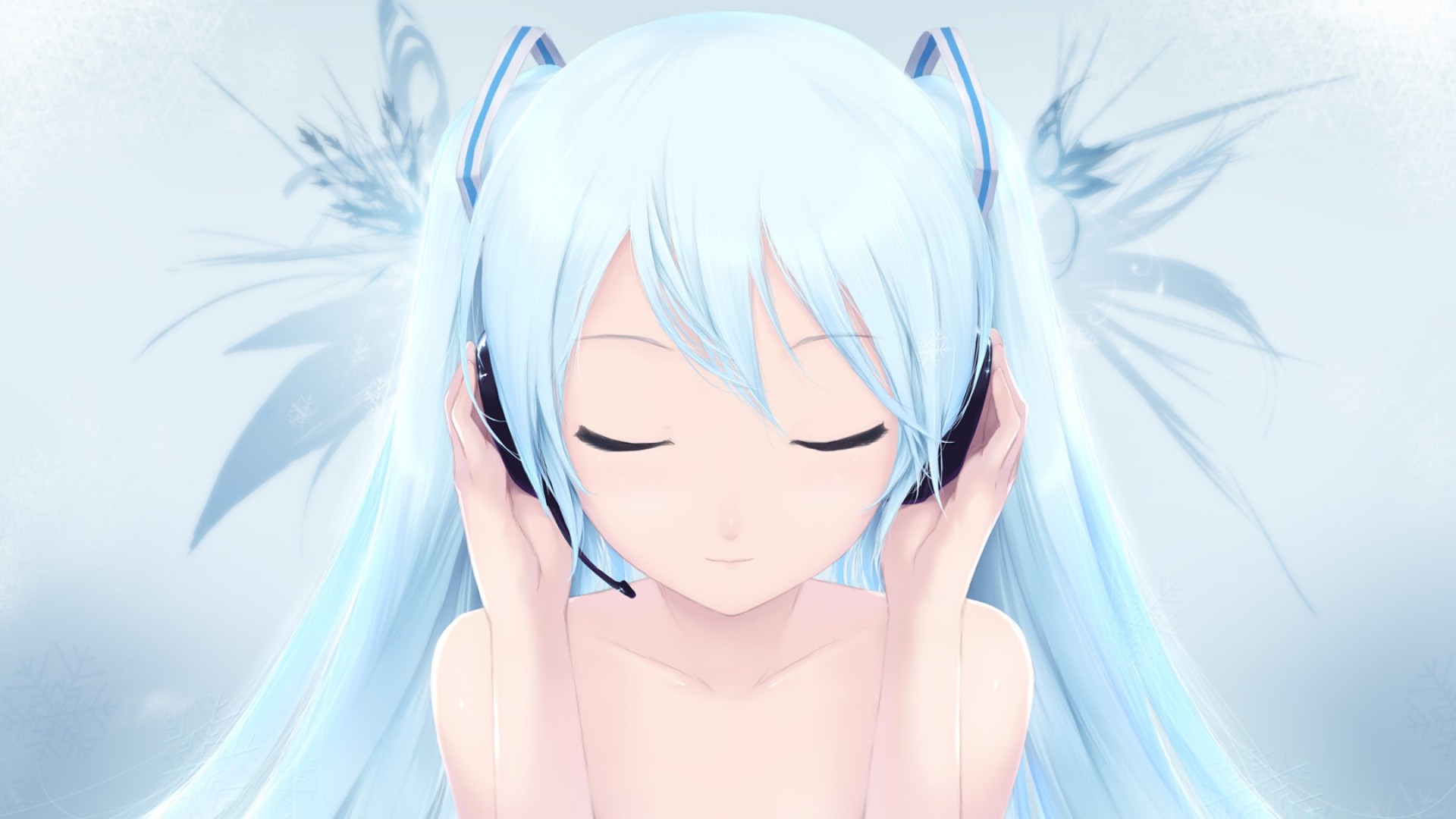 Anime 1920x1080 anime Hatsune Miku Vocaloid closed eyes cyan hair headphones face anime girls blue hair