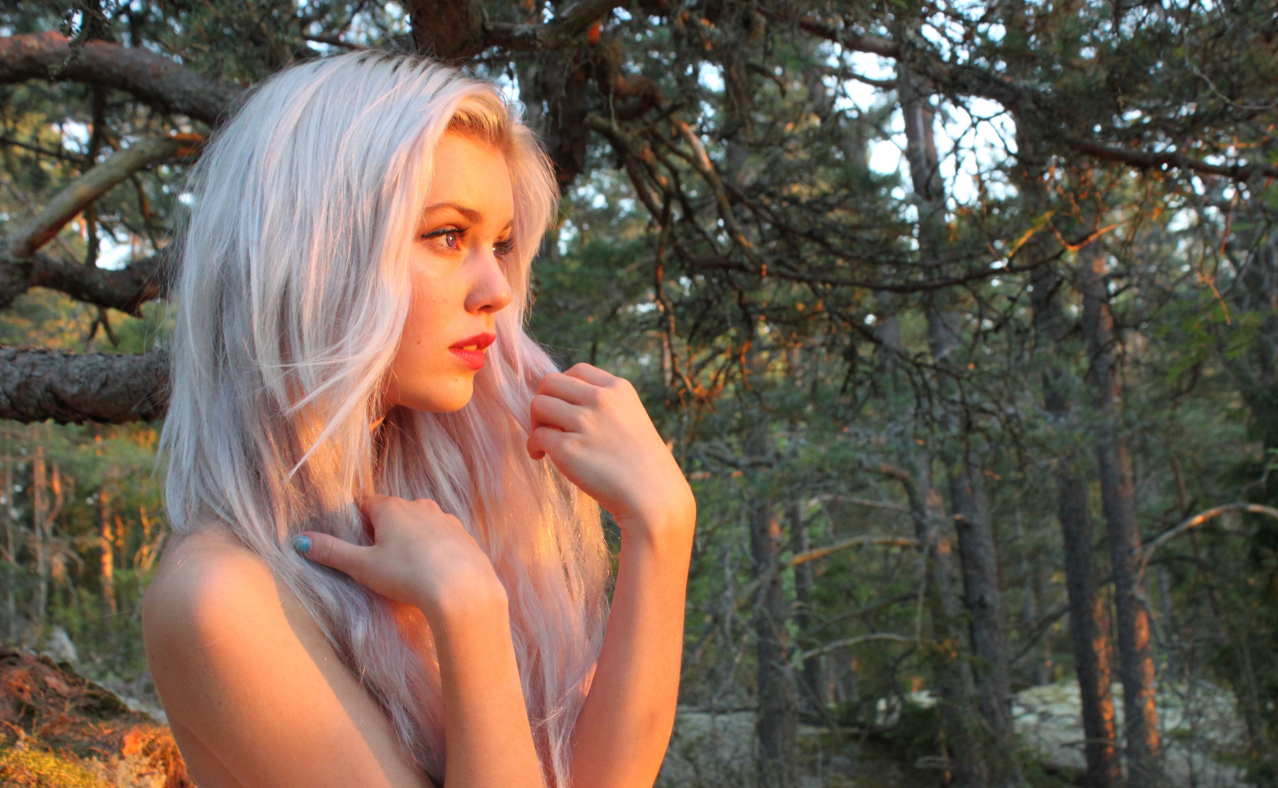 People 4342x2678 forest women eyes lips blonde long hair looking away topless hairbra hair covering boobs looking into the distance white hair sunlight arms up blue nails