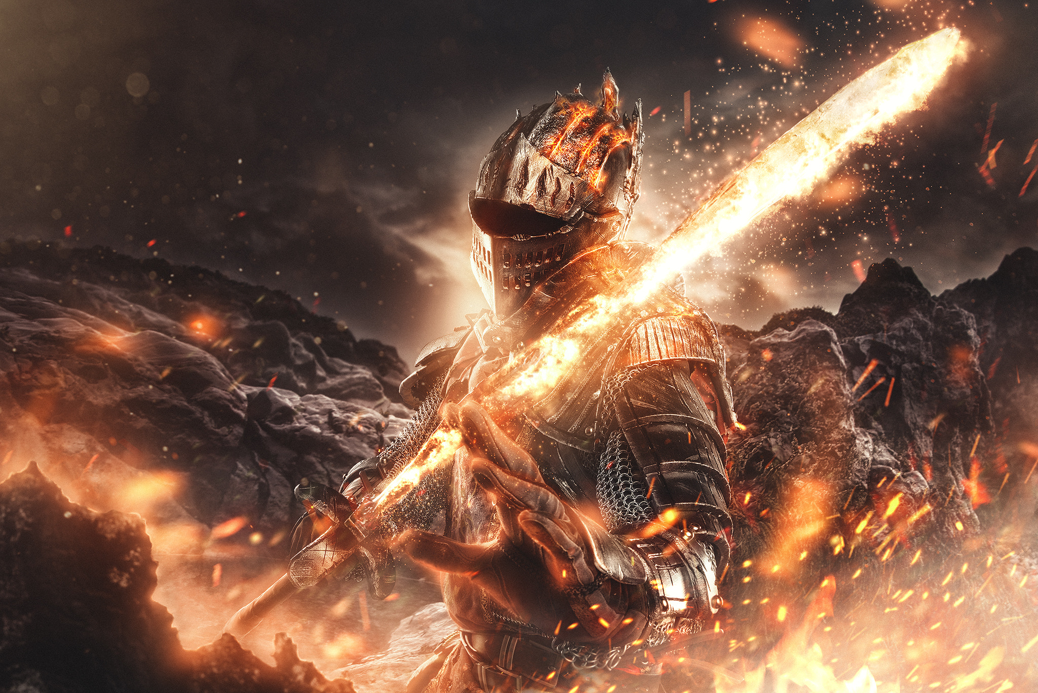 General 2048x1367 Rebeca Saray fantasy art digital art 500px Dark Souls Soul of Cinder fire From Software video games video game art sword weapon burning knight