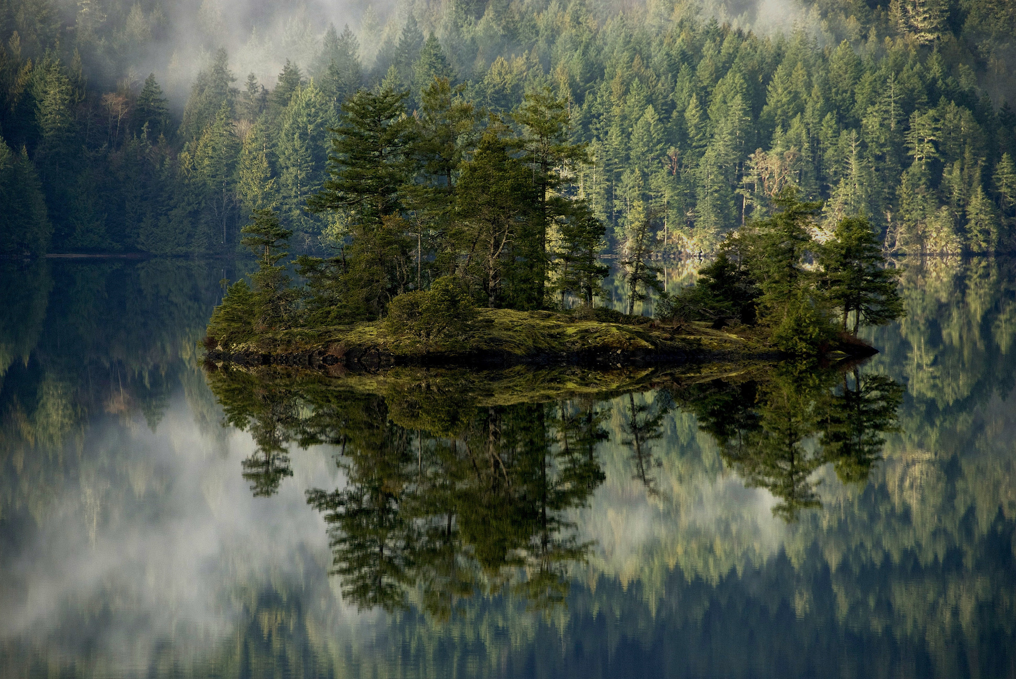 General 2048x1369 forest lake island mist reflection