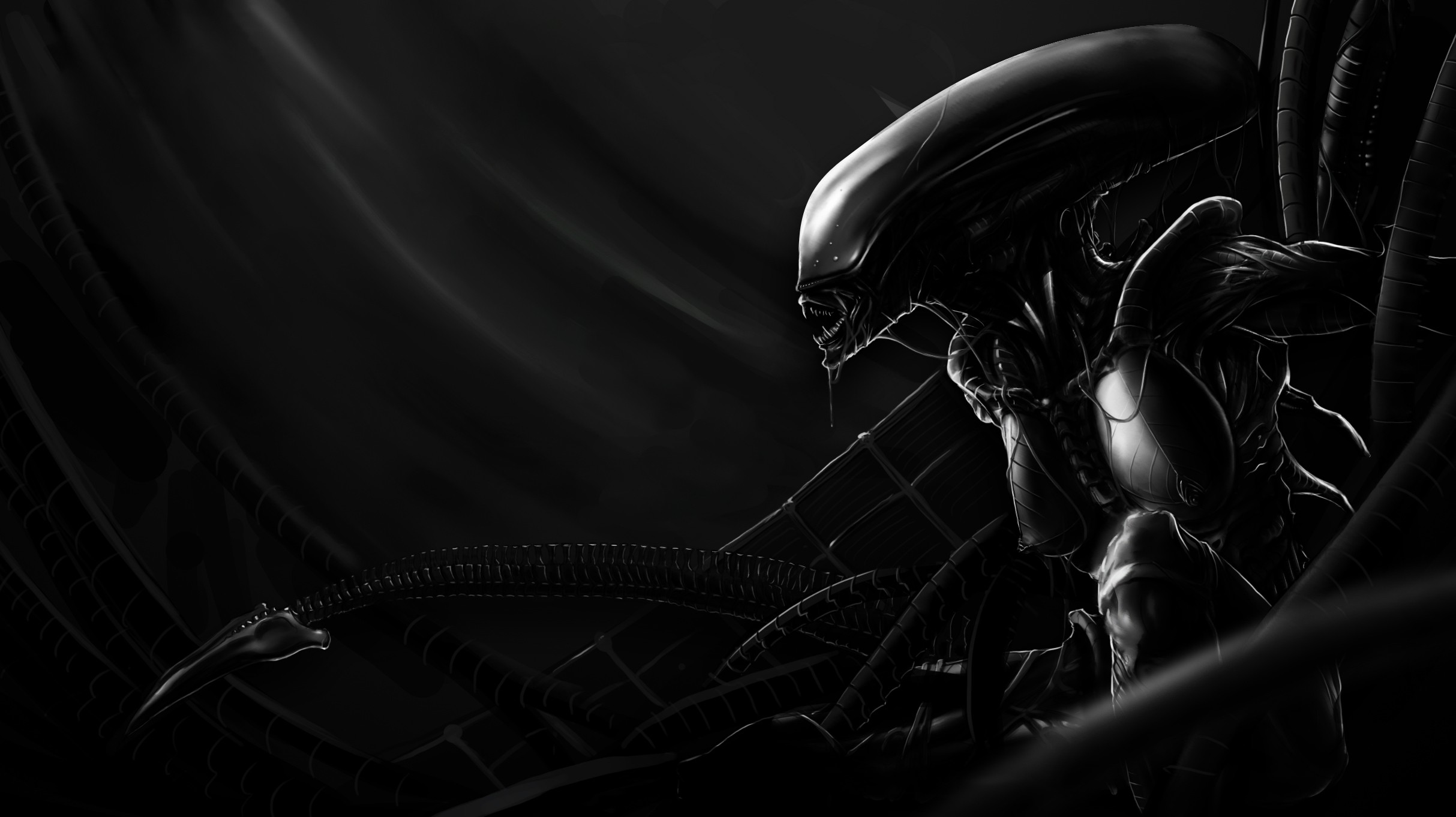 General 2427x1362 Xenomorph digital art science fiction aliens boobs monochrome creature horror Alien (Creature)