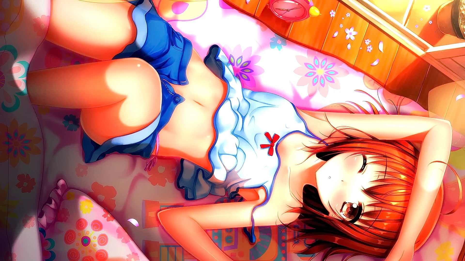 Anime 1920x1080 anime anime girls wink looking at viewer shoulder length hair knees belly unzipped one eye closed red eyes women indoors redhead