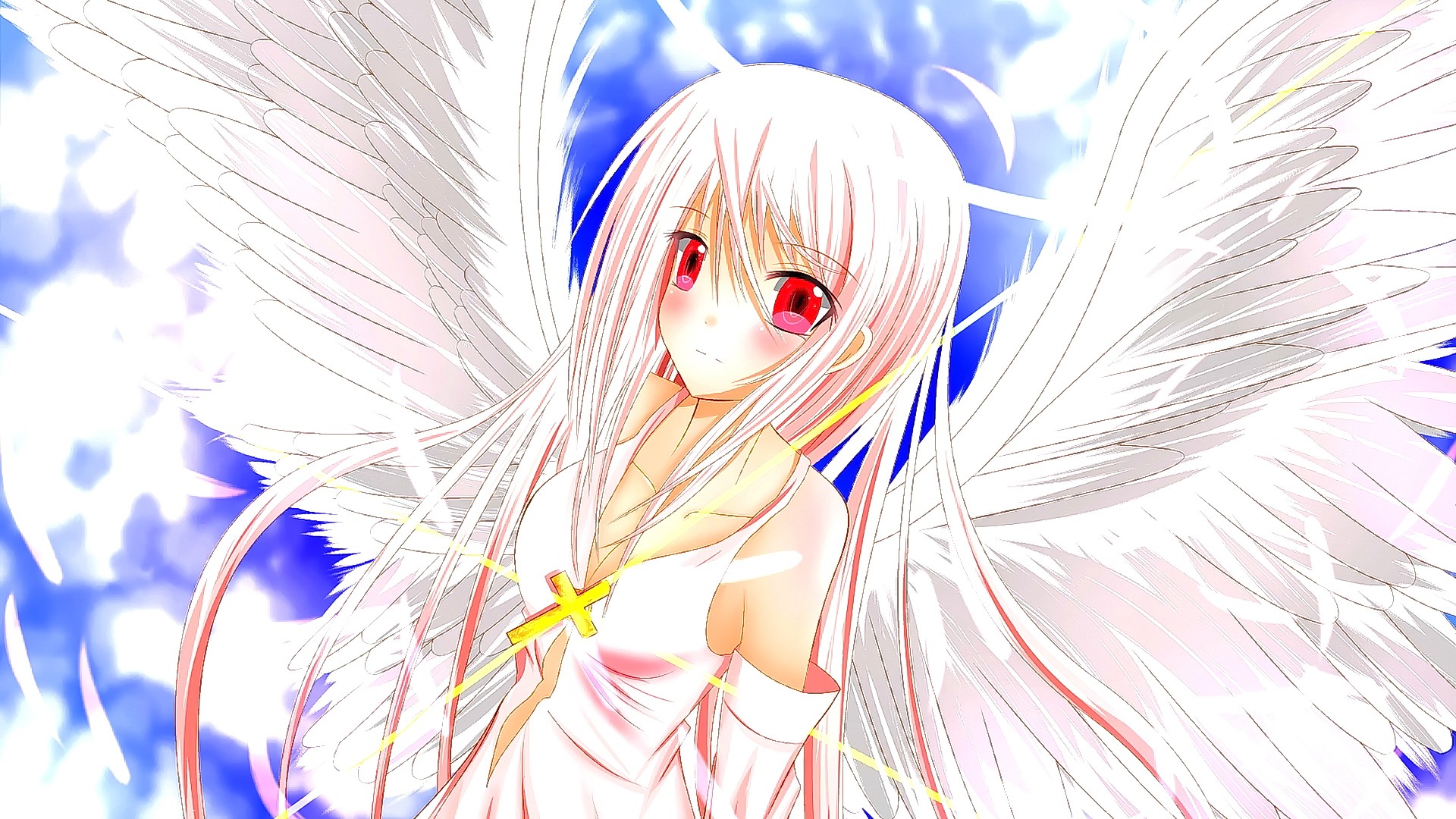 Anime 1920x1080 anime anime girls long hair red eyes smiling wings dress looking at viewer fantasy art fantasy girl