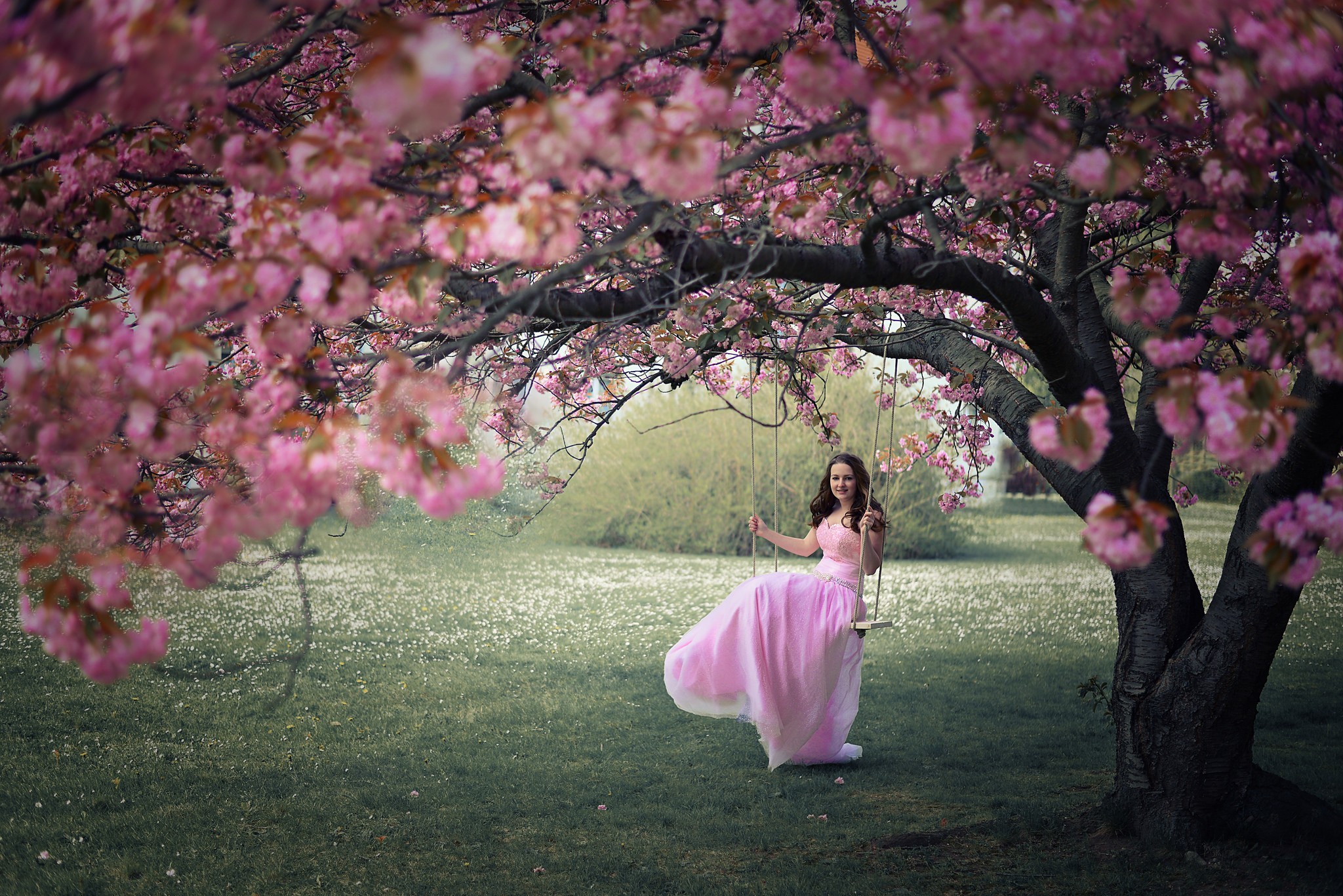 People 2048x1367 trees women outdoors women model swings pink dress dress pink clothing plants flowers