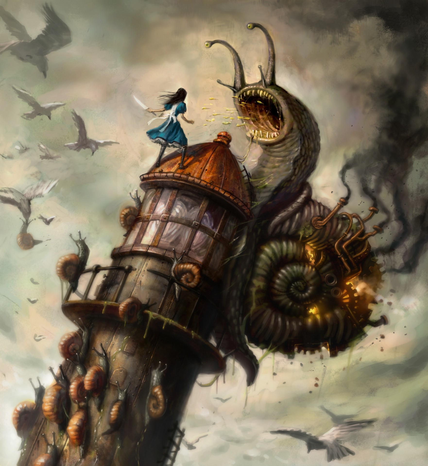 General 1762x1920 snail Alice Alice: Madness Returns fire lighthouse video games fantasy art video game art fantasy girl knife birds