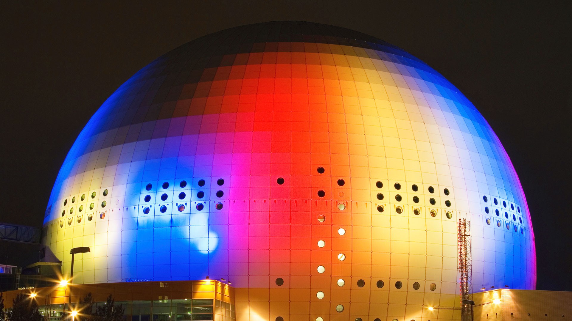 General 1920x1080 architecture modern sphere night sky museum circle colorful lights Stockholm Avicii Arena Ericsson