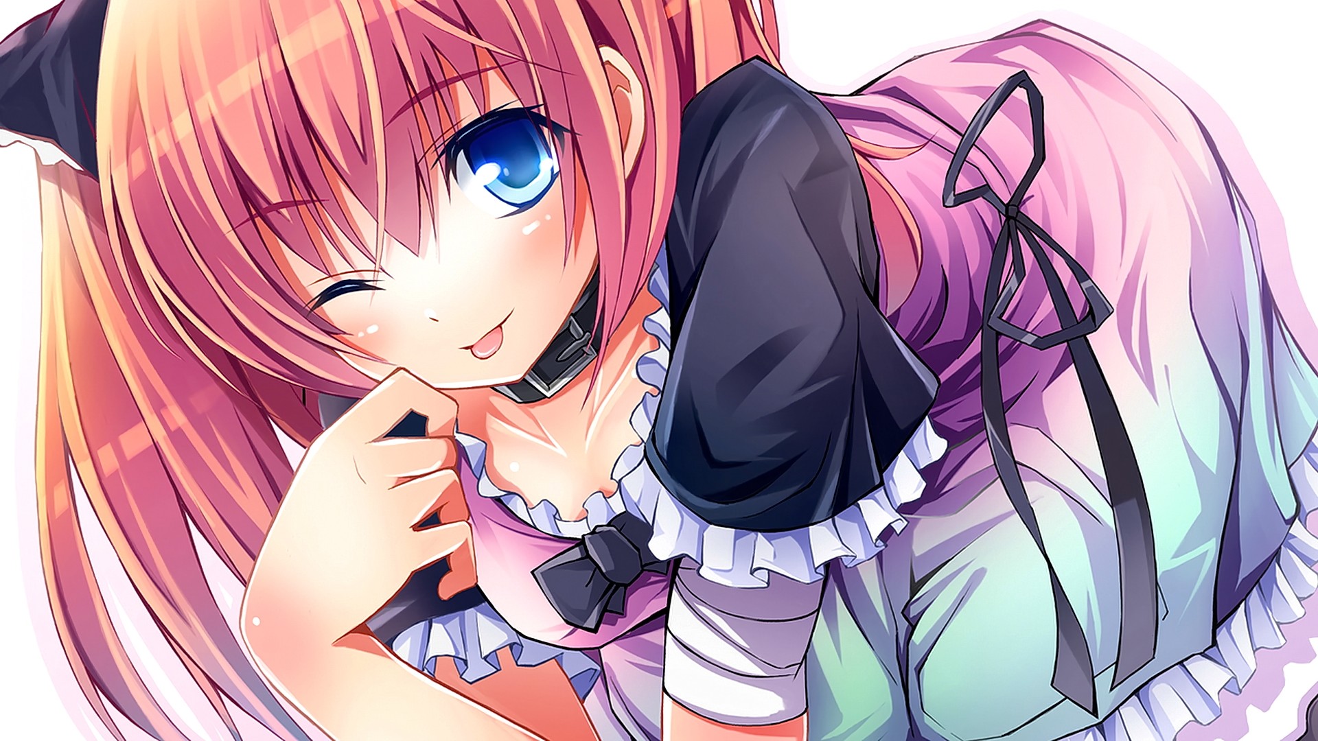 Anime 1920x1080 anime anime girls blue eyes wink tongue out dress artwork Chiri tongues one eye closed face closeup long hair redhead looking at viewer