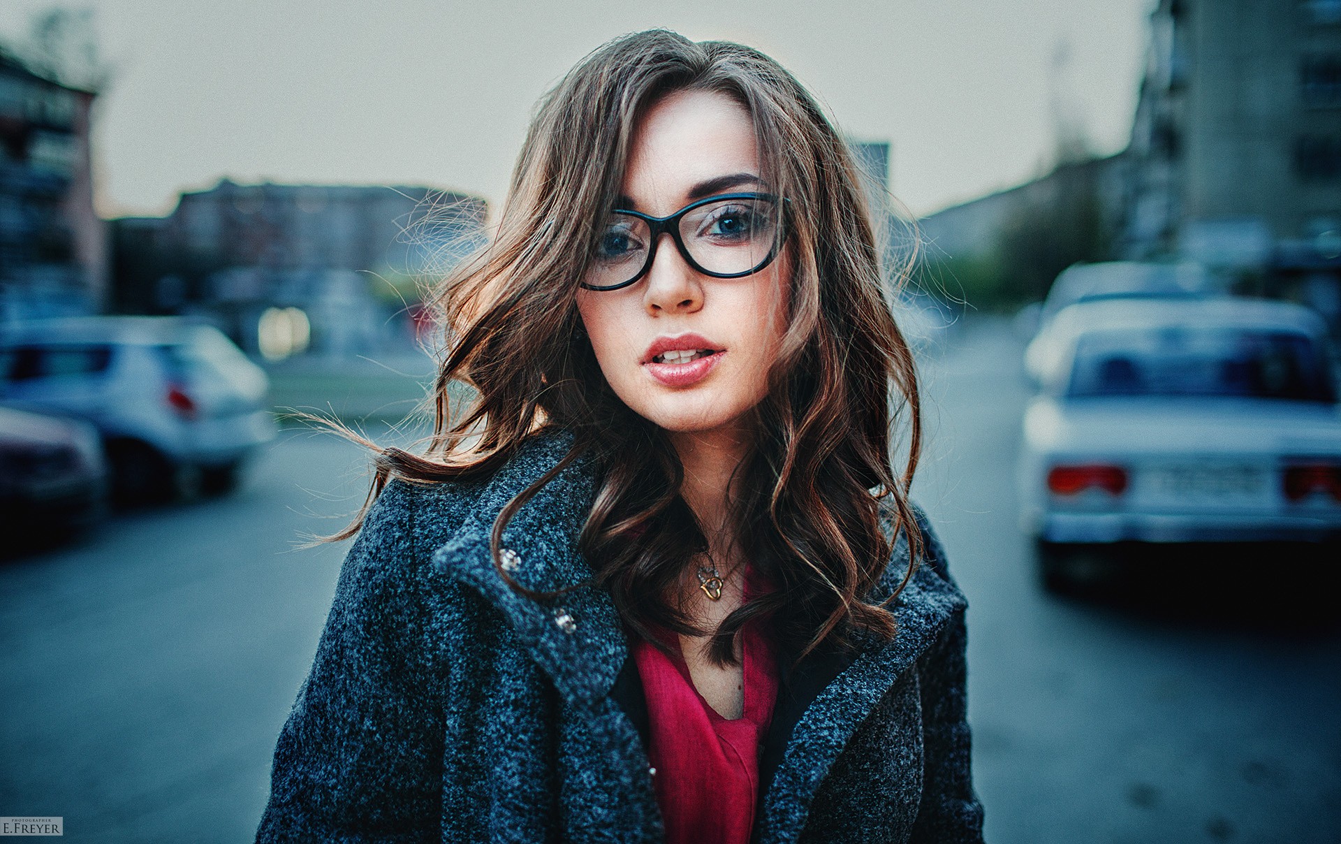 People 1920x1208 women face women with glasses portrait looking at viewer vehicle bokeh women outdoors urban necklace curly hair long hair model Evgeny Freyer grey coat 500px Tonya watermarked