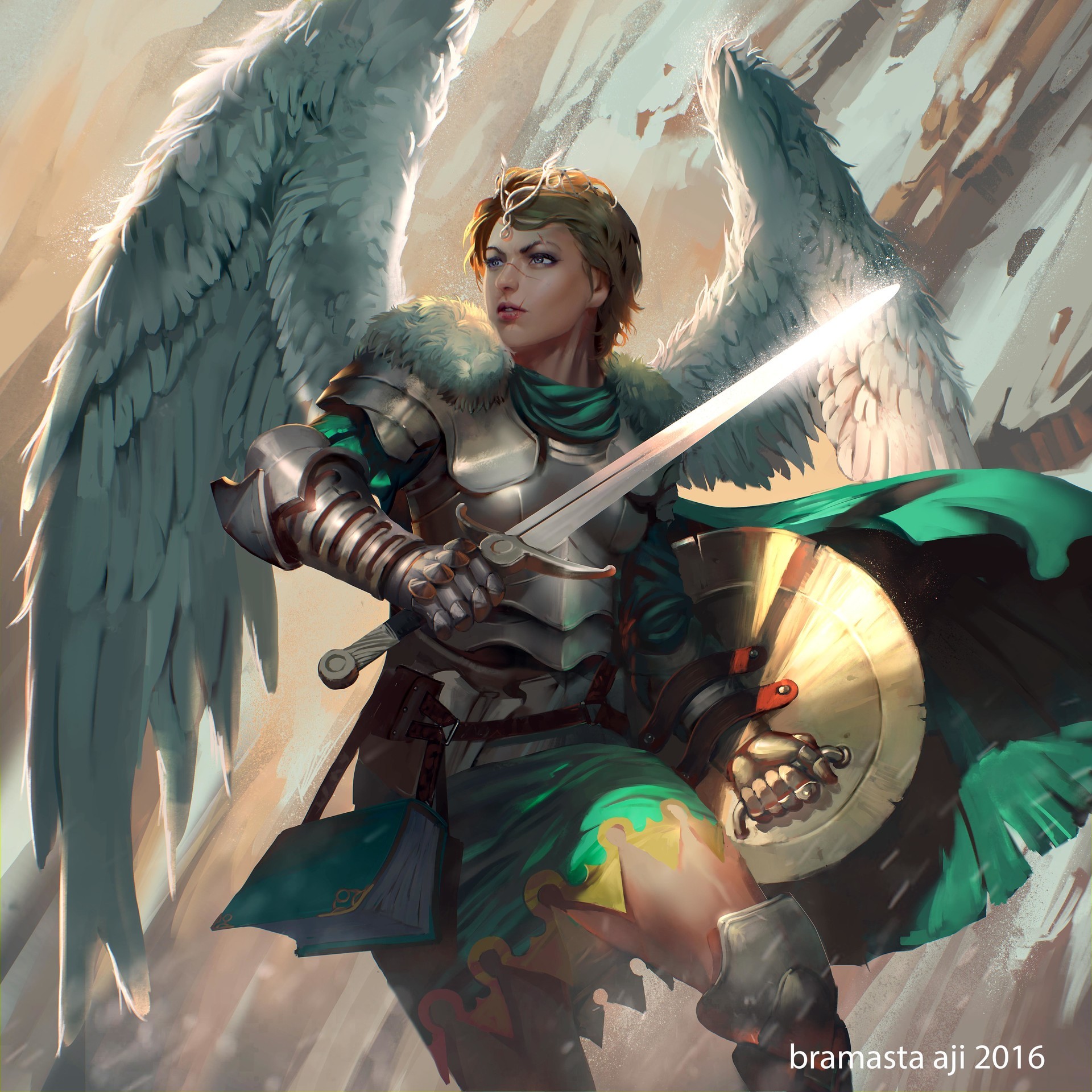 General 1920x1920 fantasy art warrior angel fantasy girl armor armored fantasy armor sword shield watermarked 2016 (Year) wings women with swords women with weapons women