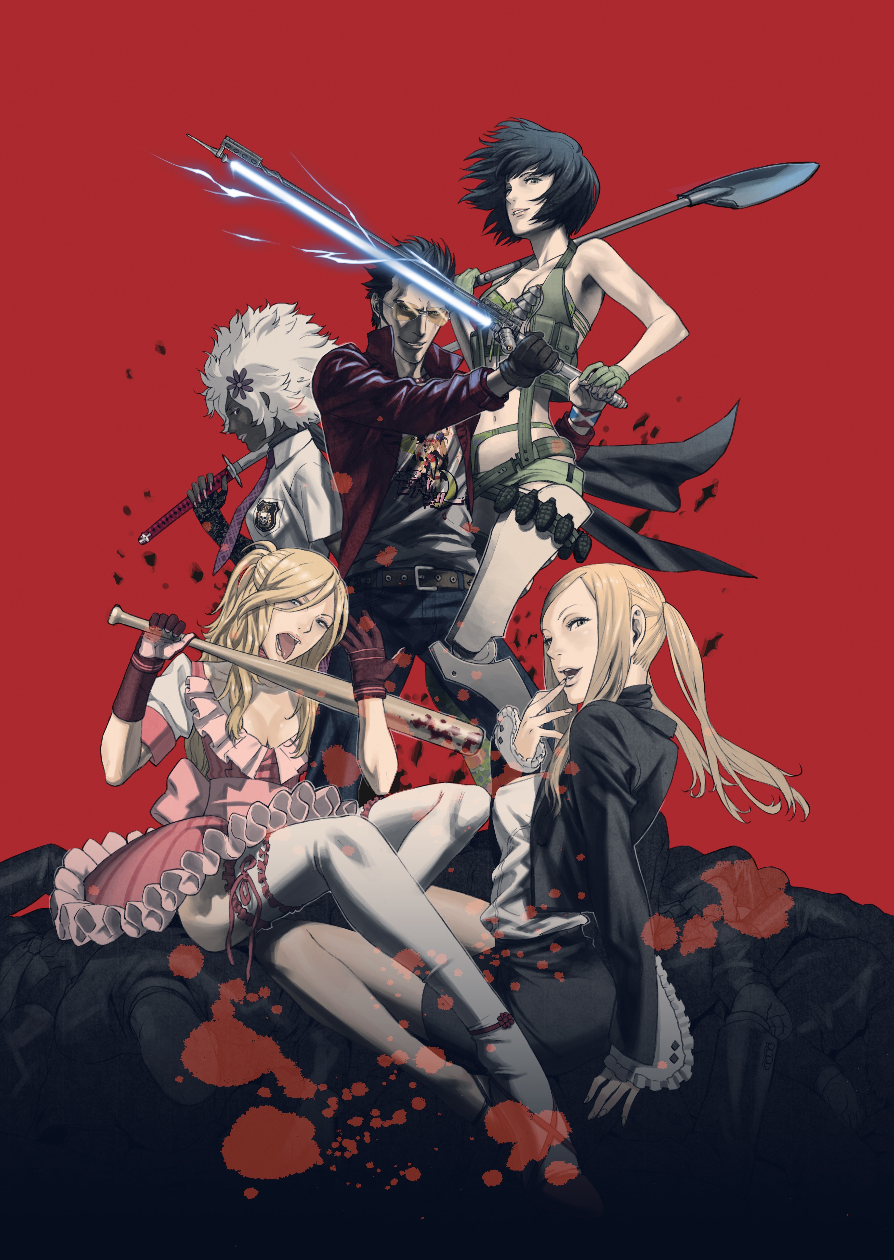 Anime 3644x5138 No More Heroes video games anime anime girls baseball bat blonde legs red background simple background