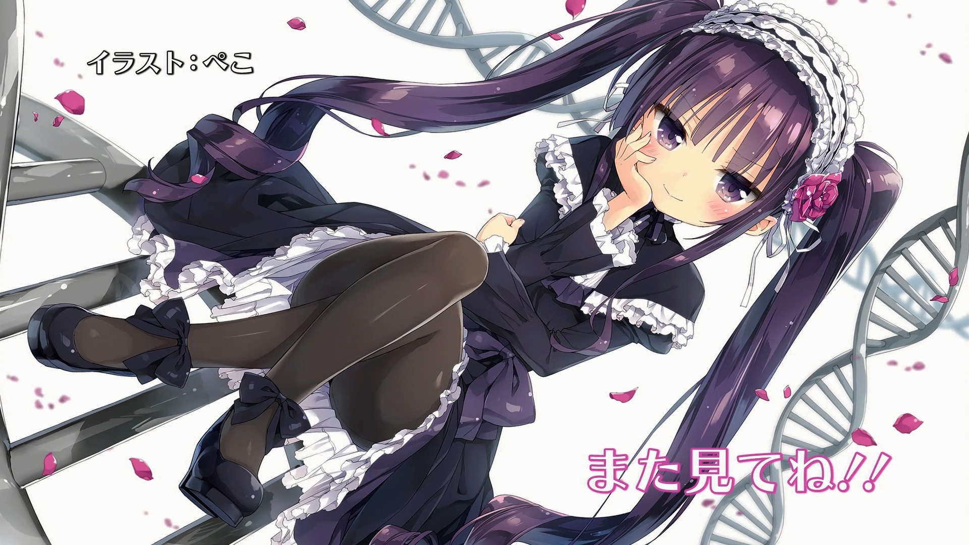 Anime 1920x1080 anime anime girls Absolute Duo  long hair dress loli lolita fashion petals twintails legs legs crossed smiling pantyhose white background purple hair maid maid outfit