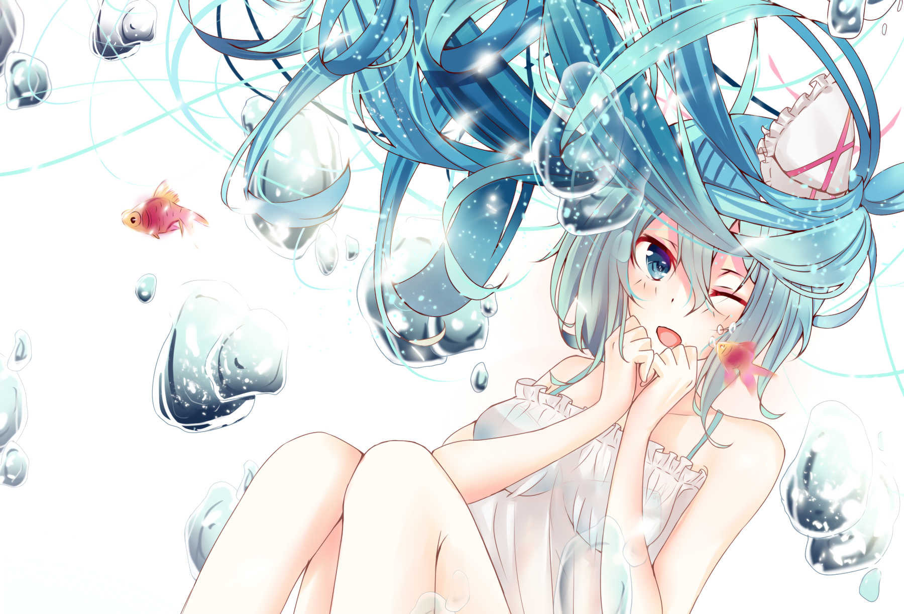 Anime 1800x1222 manga Vocaloid Hatsune Miku anime girls thighs together underwater fish animals one eye closed blue eyes cyan hair open mouth