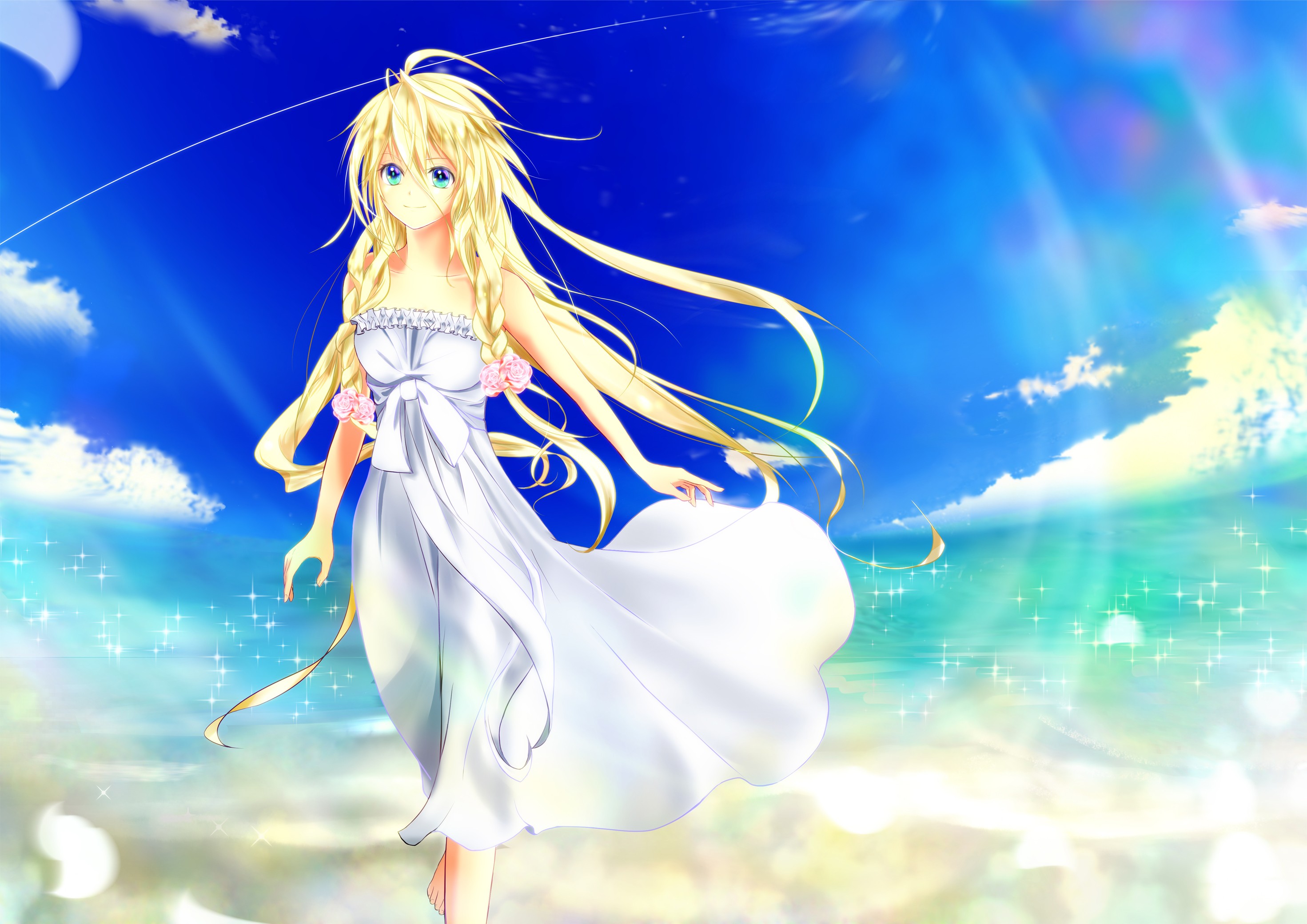 Anime 2942x2080 anime anime girls Vocaloid long hair blonde IA (Vocaloid) sun dress Pixiv sky white dress dress white clothing