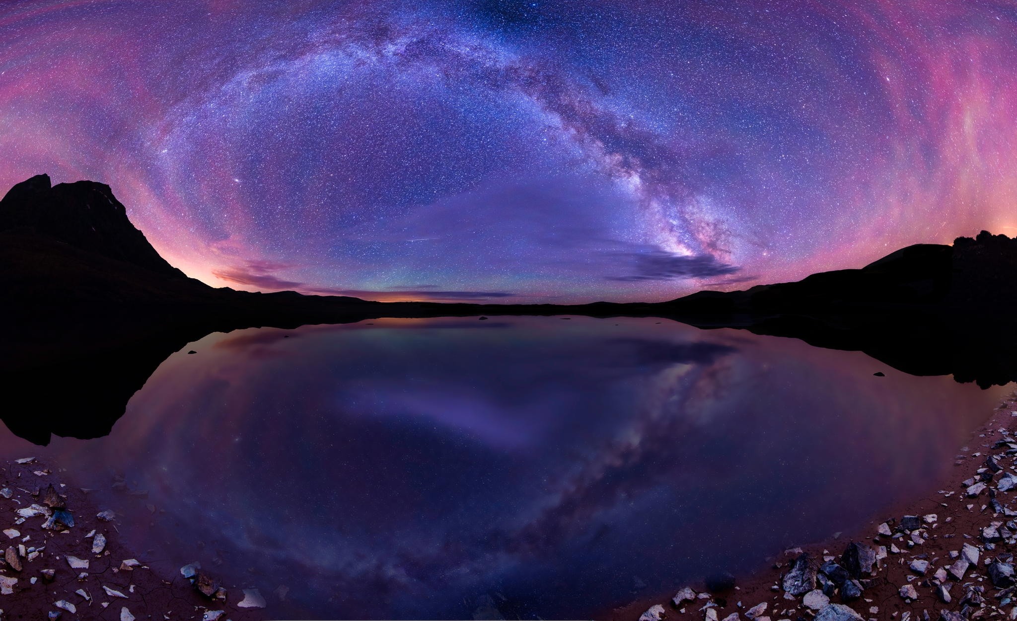 General 2048x1250 nature photography landscape Milky Way starry night galaxy lake reflection long exposure hills