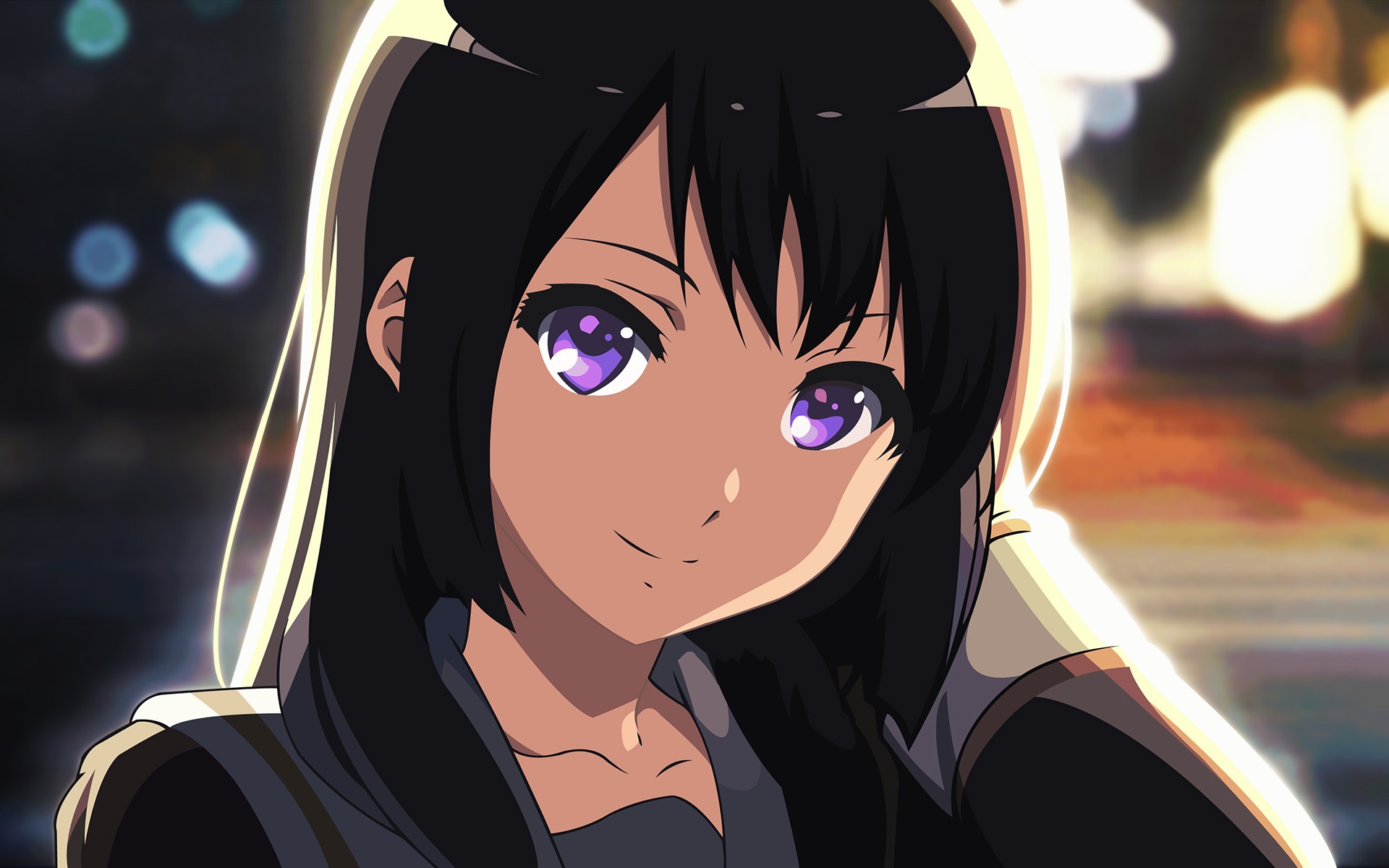 Anime 1920x1200 Hibike! Euphonium anime anime girls Kousaka Reina purple eyes black hair long hair face closeup looking at viewer smiling