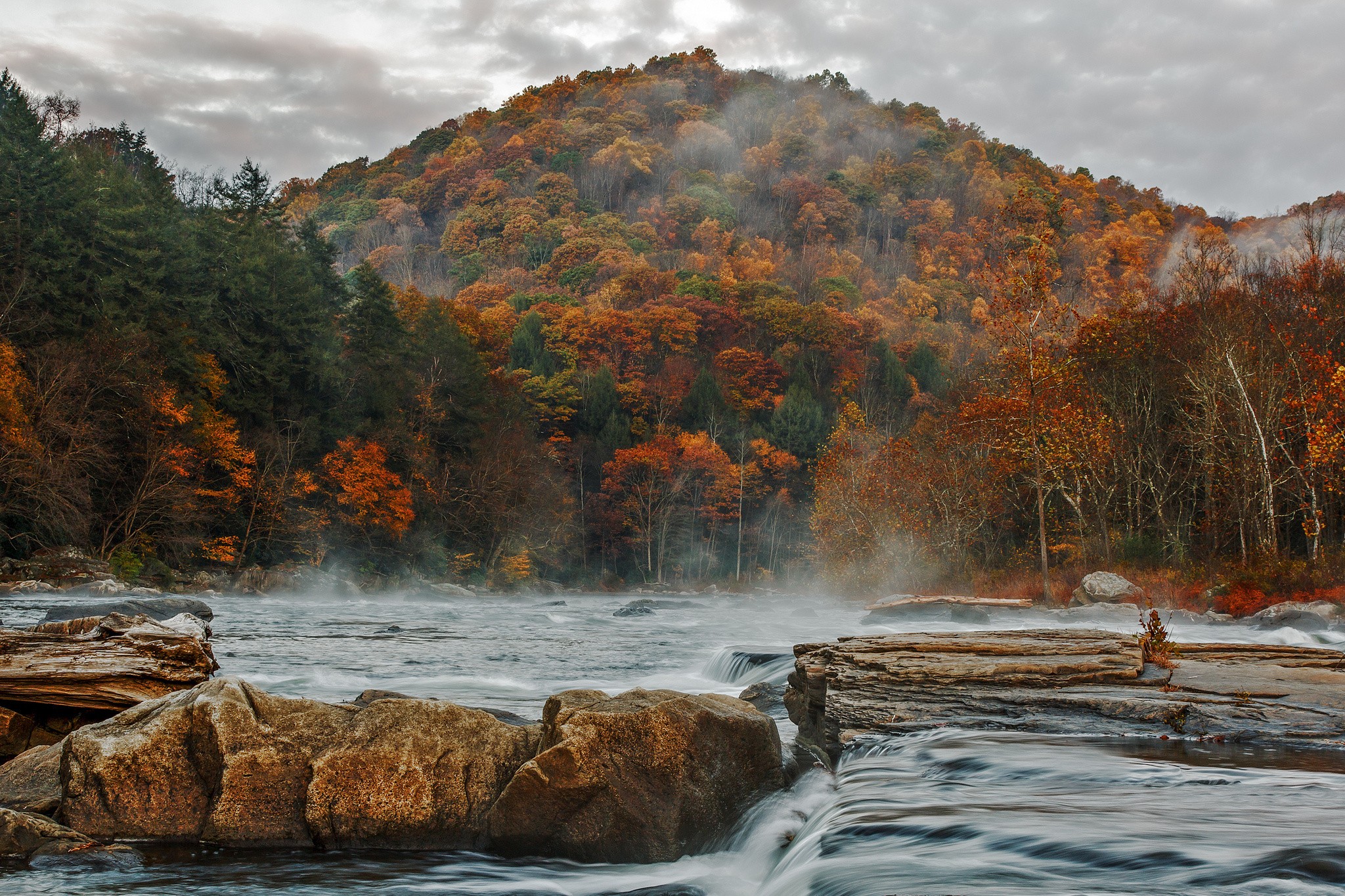 General 2048x1365 landscape mountains river mist fall hills red leaves nature trees