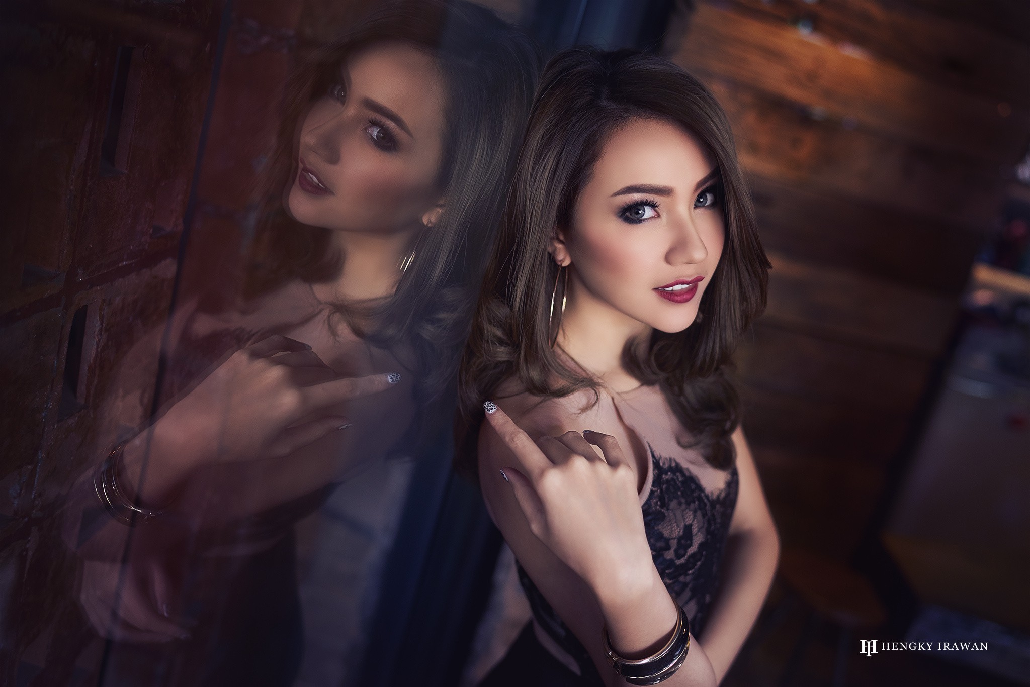 People 2048x1367 women Asian model dress glass reflection portrait smiling looking at viewer painted nails makeup watermarked eyeliner lipstick women indoors indoors long hair