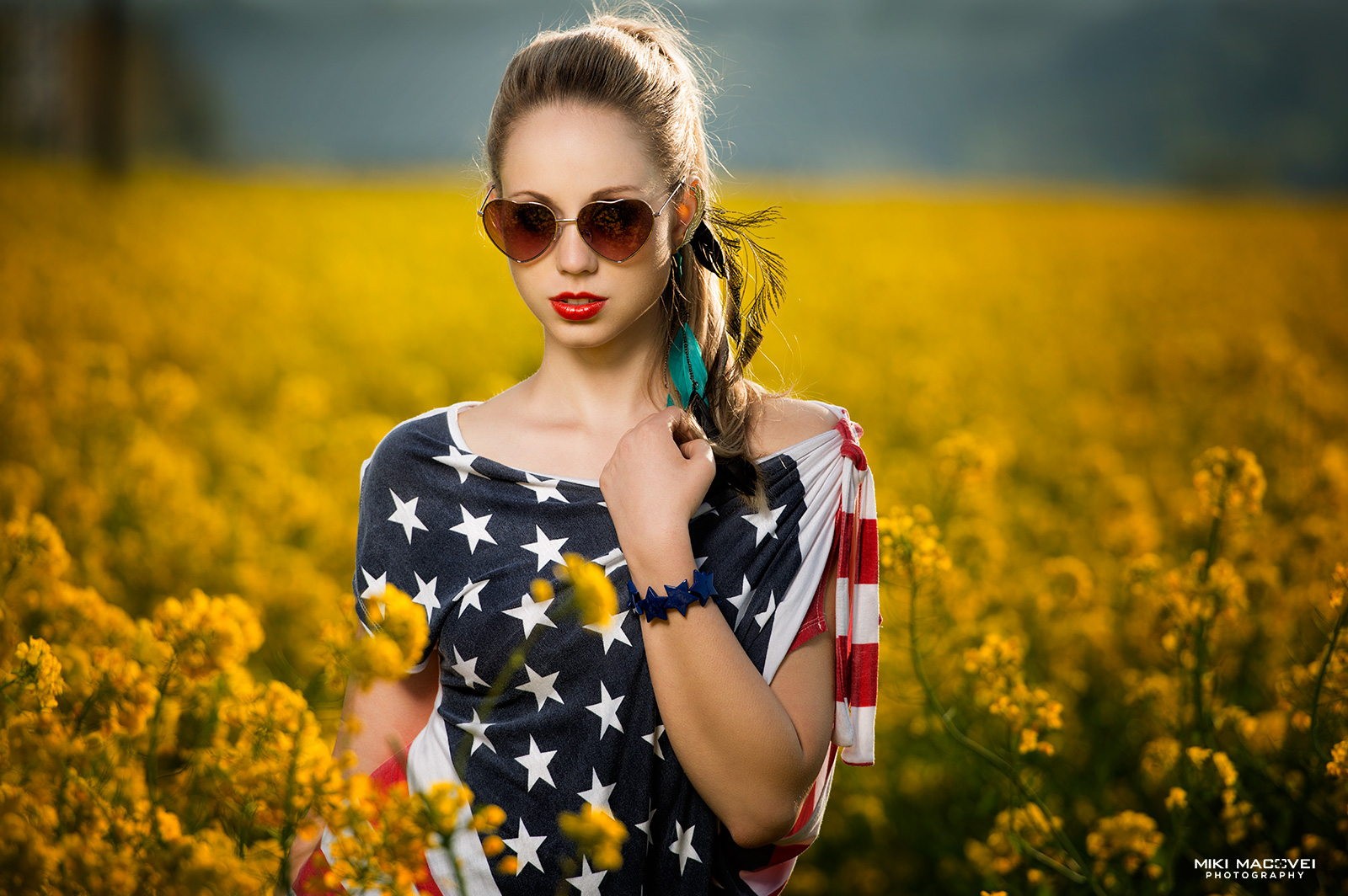People 1600x1064 women model long hair brunette looking at viewer USA ponytail sunglasses field depth of field Miki Macovei flag women with glasses bracelets women outdoors red lipstick American flag watermarked makeup women with shades plants flowers yellow flowers outdoors heart sunglasses