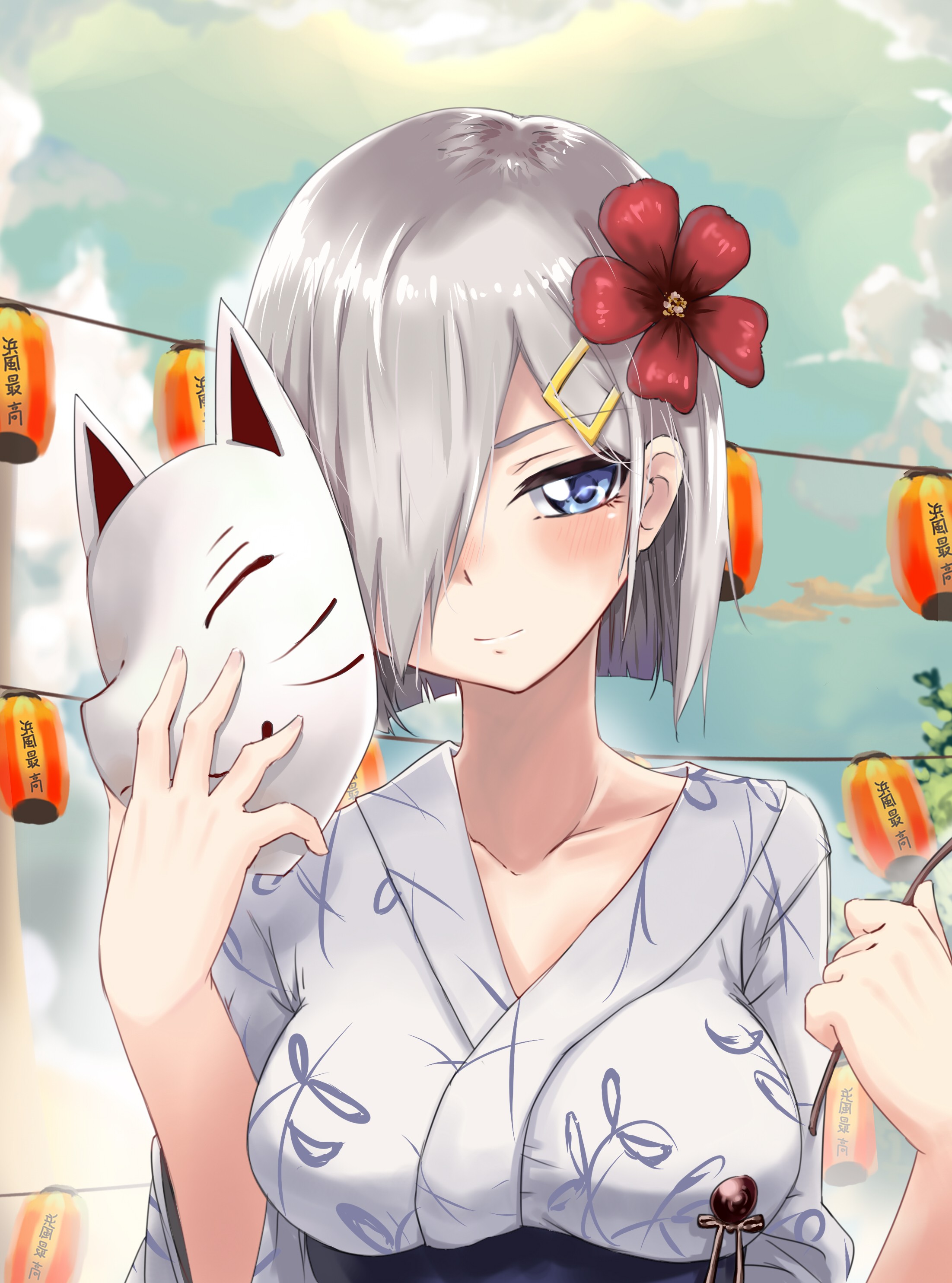 Anime 2203x2969 anime anime girls Kantai Collection Hamakaze (KanColle)  gray hair blue eyes Japanese clothes shoulder length hair flower in hair traditional clothing flowers looking at viewer Pixiv