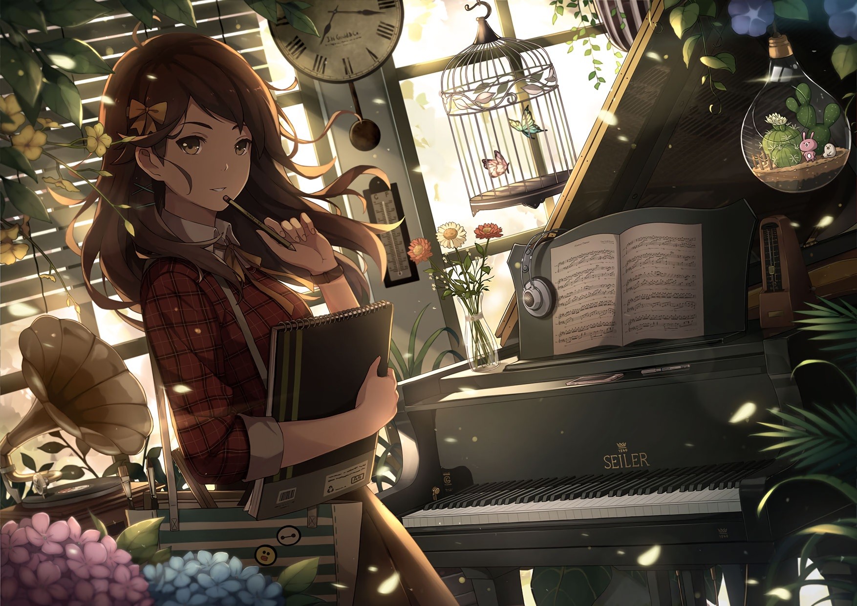 Anime 1754x1240 anime anime girls brunette butterfly cages flowers headphones long hair piano clocks musical instrument gramophone birdcage pencils looking away plaid shirt plants