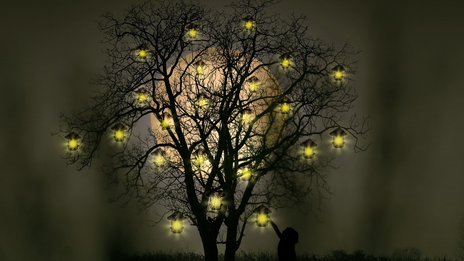 General 1920x1080 fantasy art nature trees night Moon lantern lights grass children silhouette Photoshopped branch